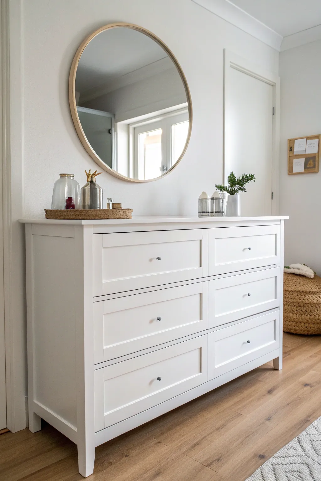 Crisp white dresser with clean lines, sunlit shadows, and a simple round mirror above