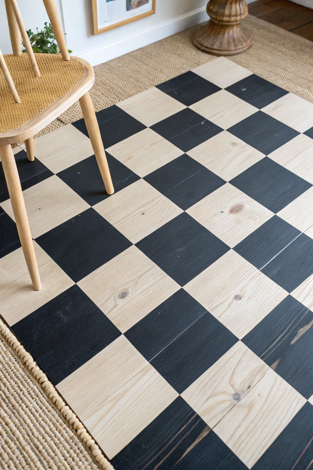 Classic black and ivory checkerboard on plywood, with a rug edge and chair leg for cozy living.