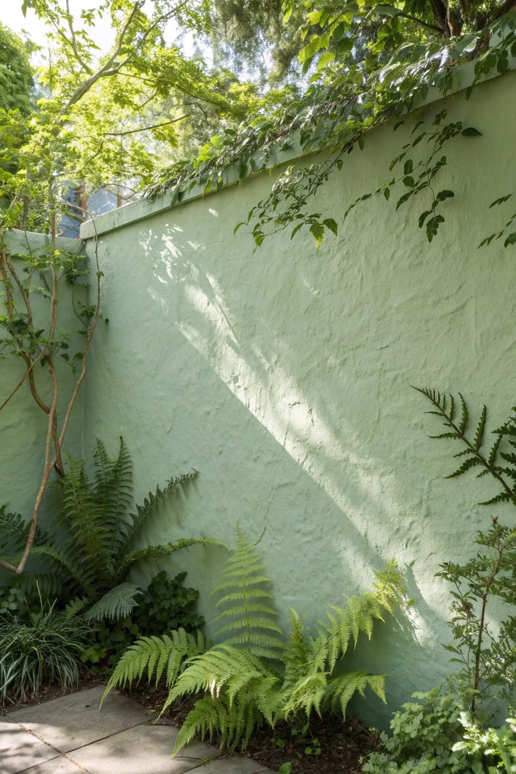 Soft sage garden wall with dappled plant shadows for a calm, minimalist outdoor backdrop