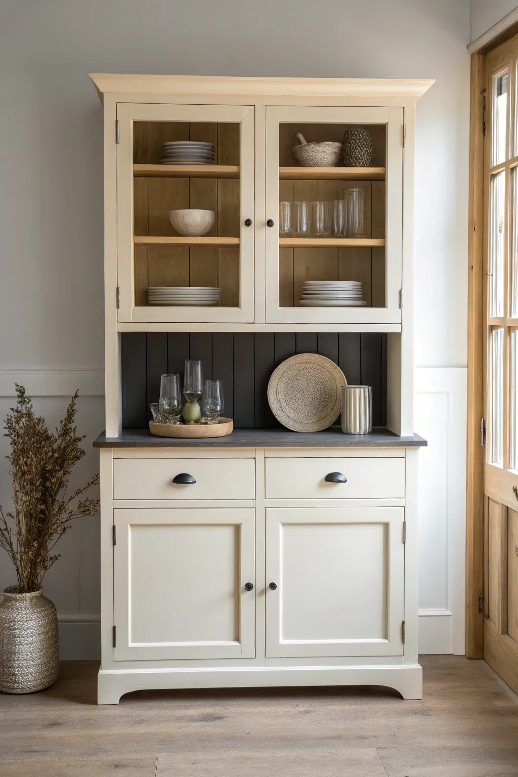 Two-tone painted hutch with a dark back panel that makes simple dishes and glassware pop