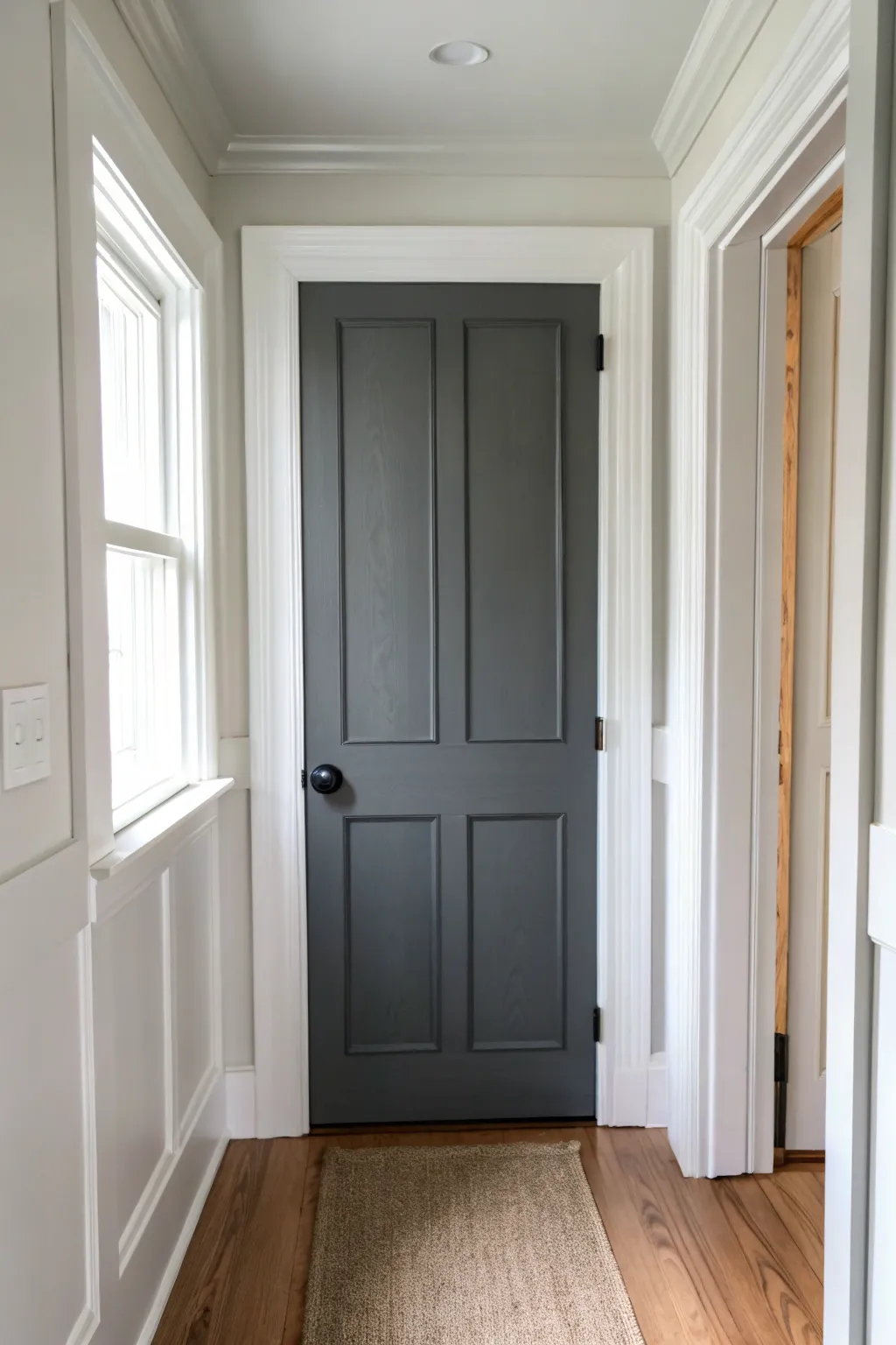 Moody charcoal door with bright trim for a soft black statement in a calm hallway