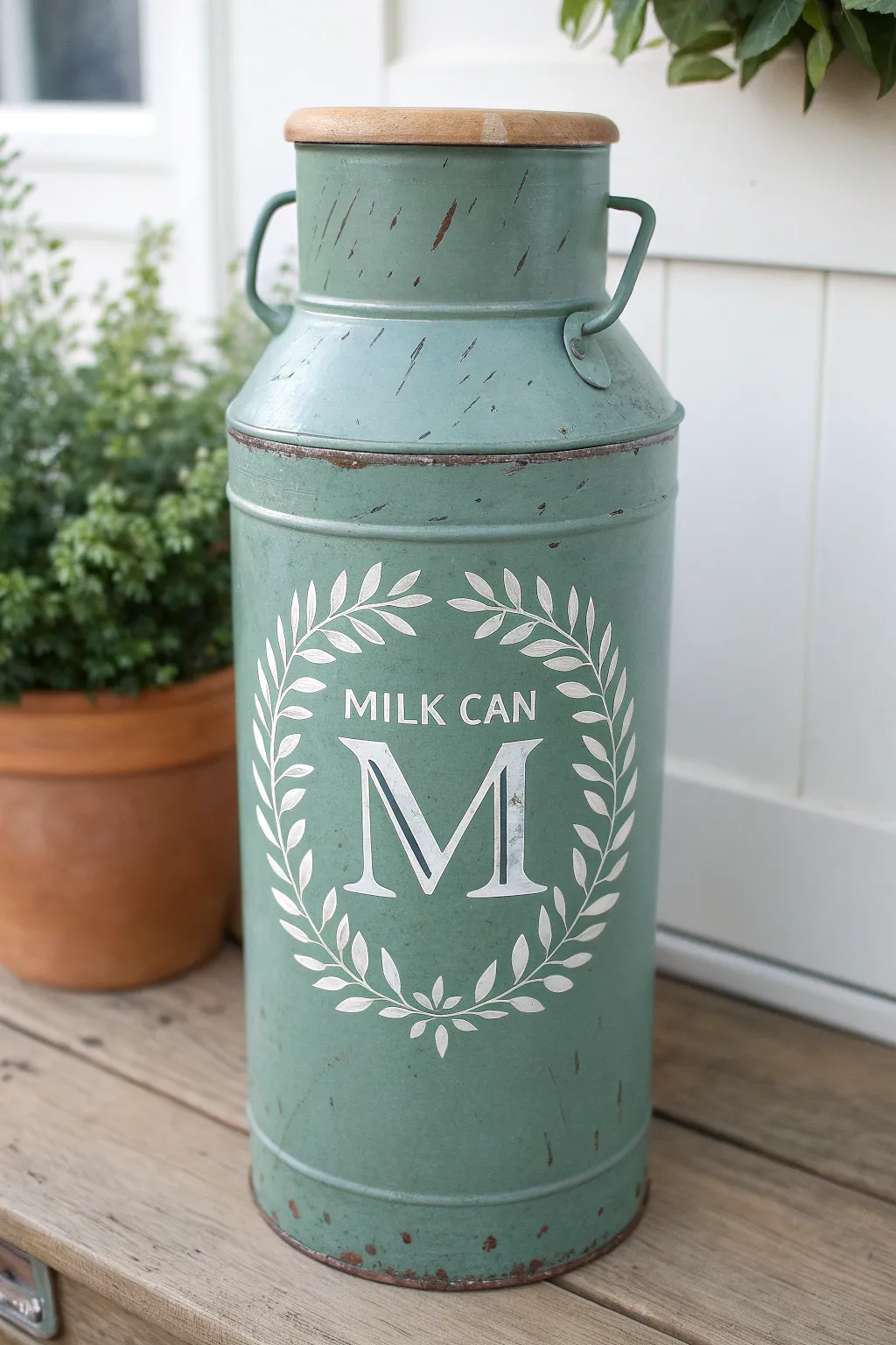 Muted painted milk can with a bold initial in a leafy wreath, calm boho doorway vignette.