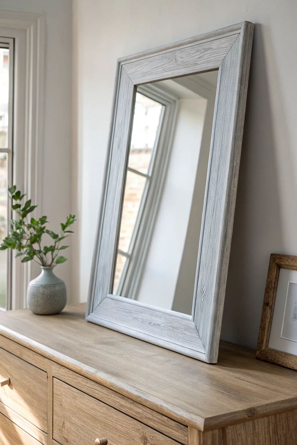 Soft gray painted mirror frame with a calm modern feel, airy neutrals, and crisp contrast.