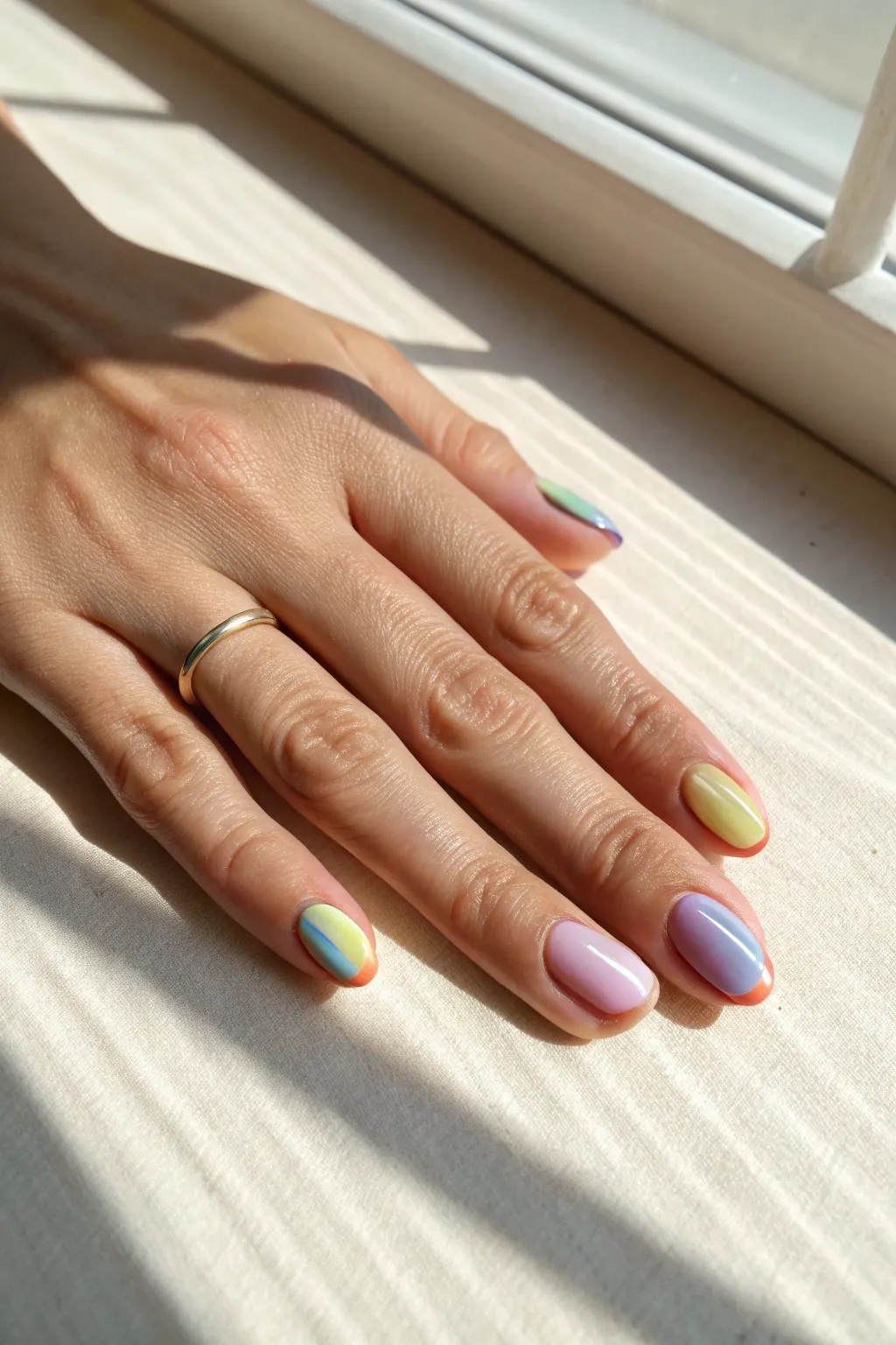 Colorful French tips on a sheer base, clean Scandinavian styling with a soft neutral backdrop.