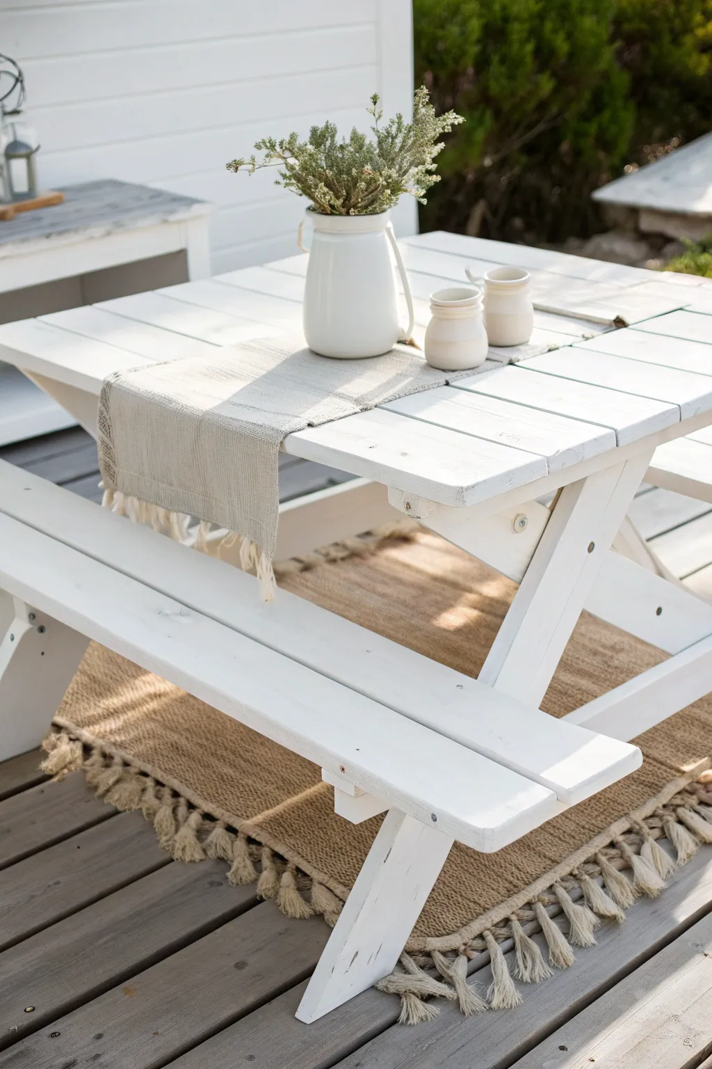 Crisp white picnic table makeover with sunny minimal styling and soft greenery