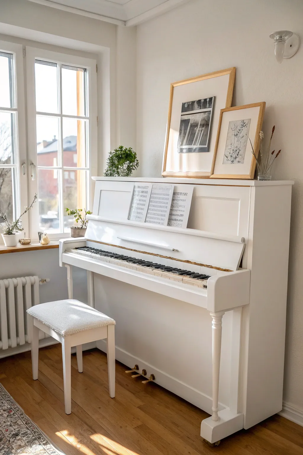 Soft white painted piano in bright natural light for an airy Scandinavian boho feel