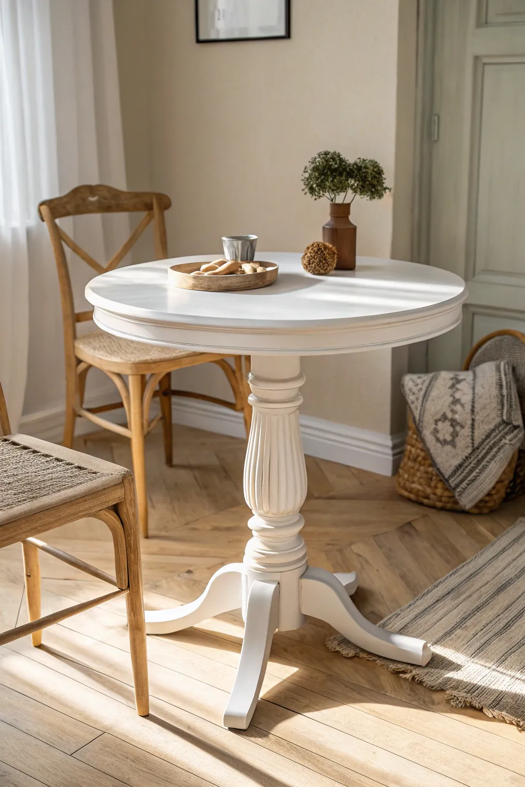 Soft white pedestal round table with gentle shadows for a serene Scandinavian breakfast nook