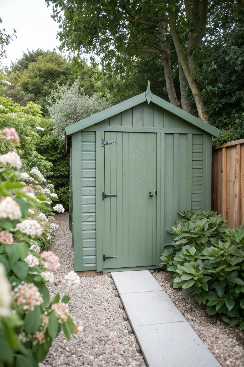 Sage green shed tucked in soft blooms, with a simple path that invites you into the garden.