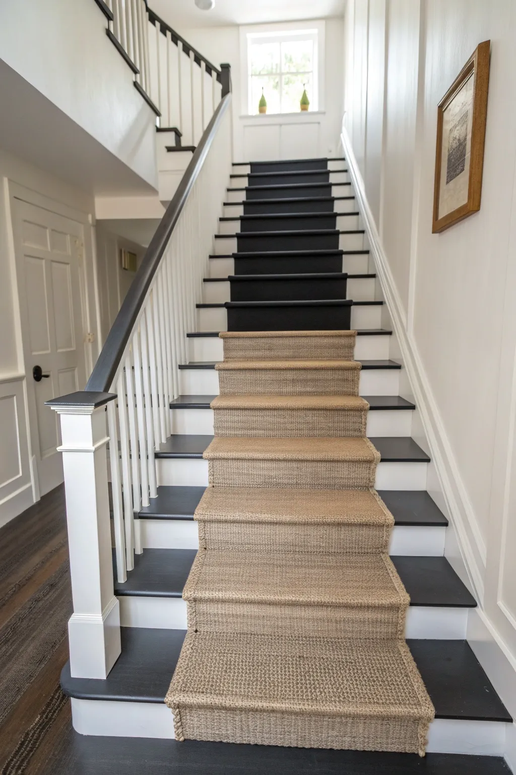 Deep charcoal treads, creamy risers, and a softly heathered runner for calm, modern contrast.