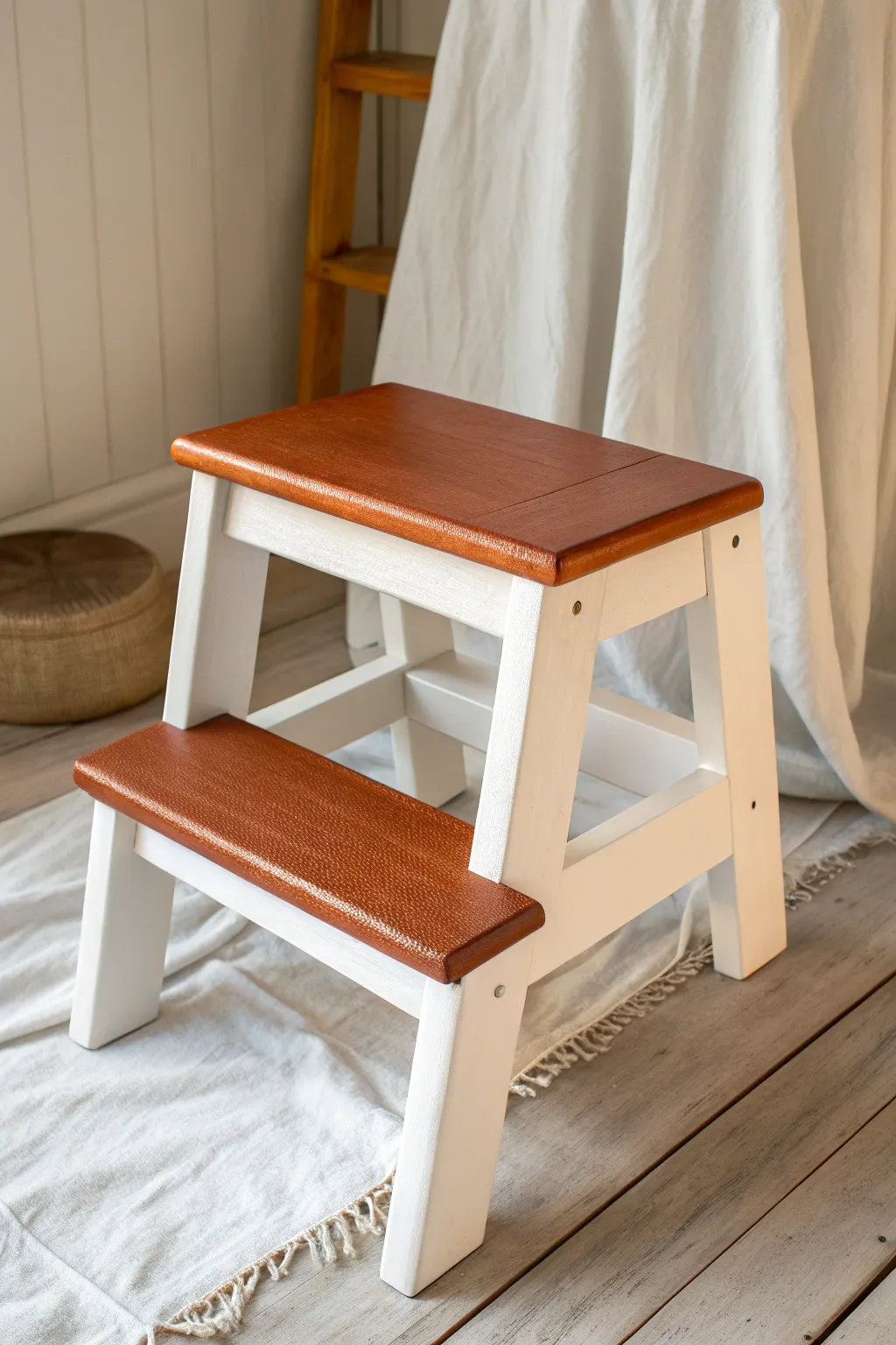 Two-tone painted step stool with crisp lines and cozy minimalist-boho contrast idea for your next DIY