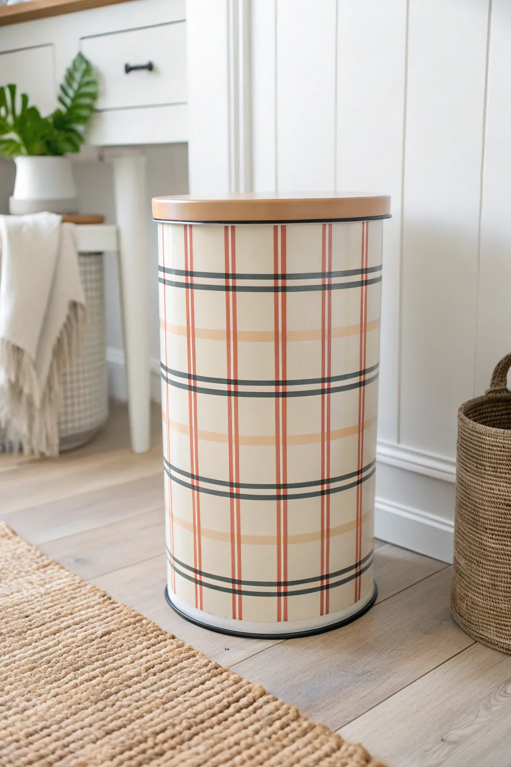 Modern gingham grid turns a simple trash can into chic, minimalist kitchen decor
