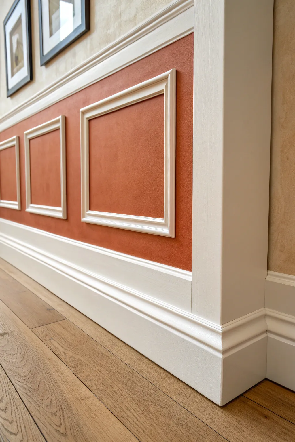 Bold framed accent wall border in terracotta and cream, minimal Scandinavian calm with a boho touch