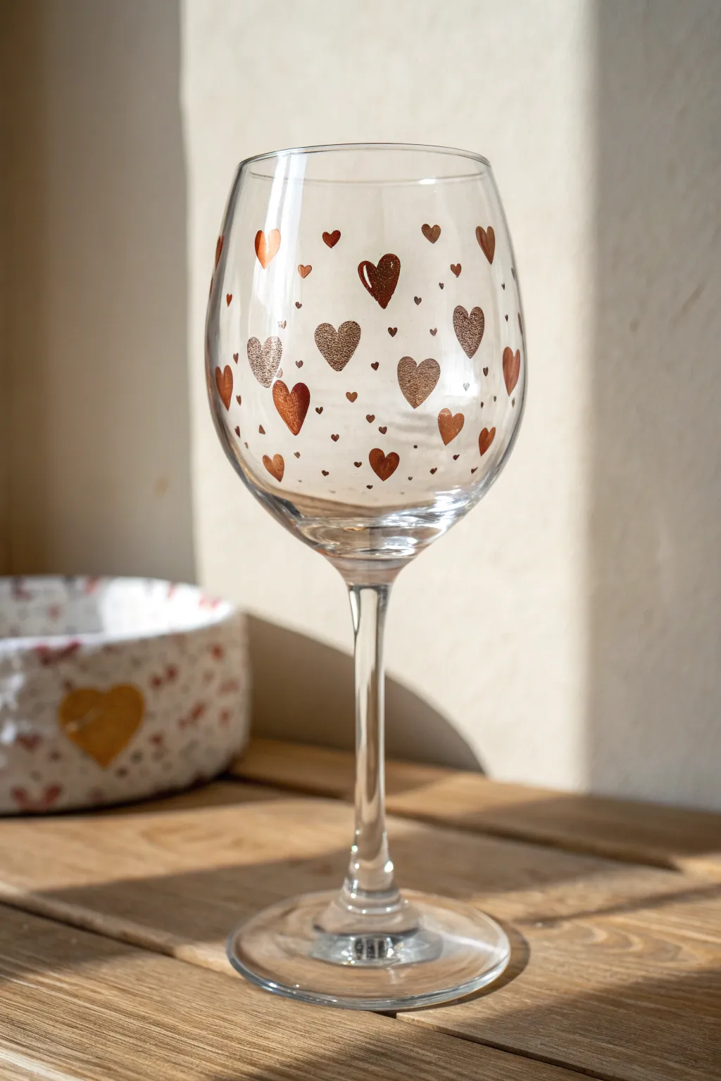 Sweet minimalist wine glass with tiny heart scatter, clean rim, a simple handmade gift idea.