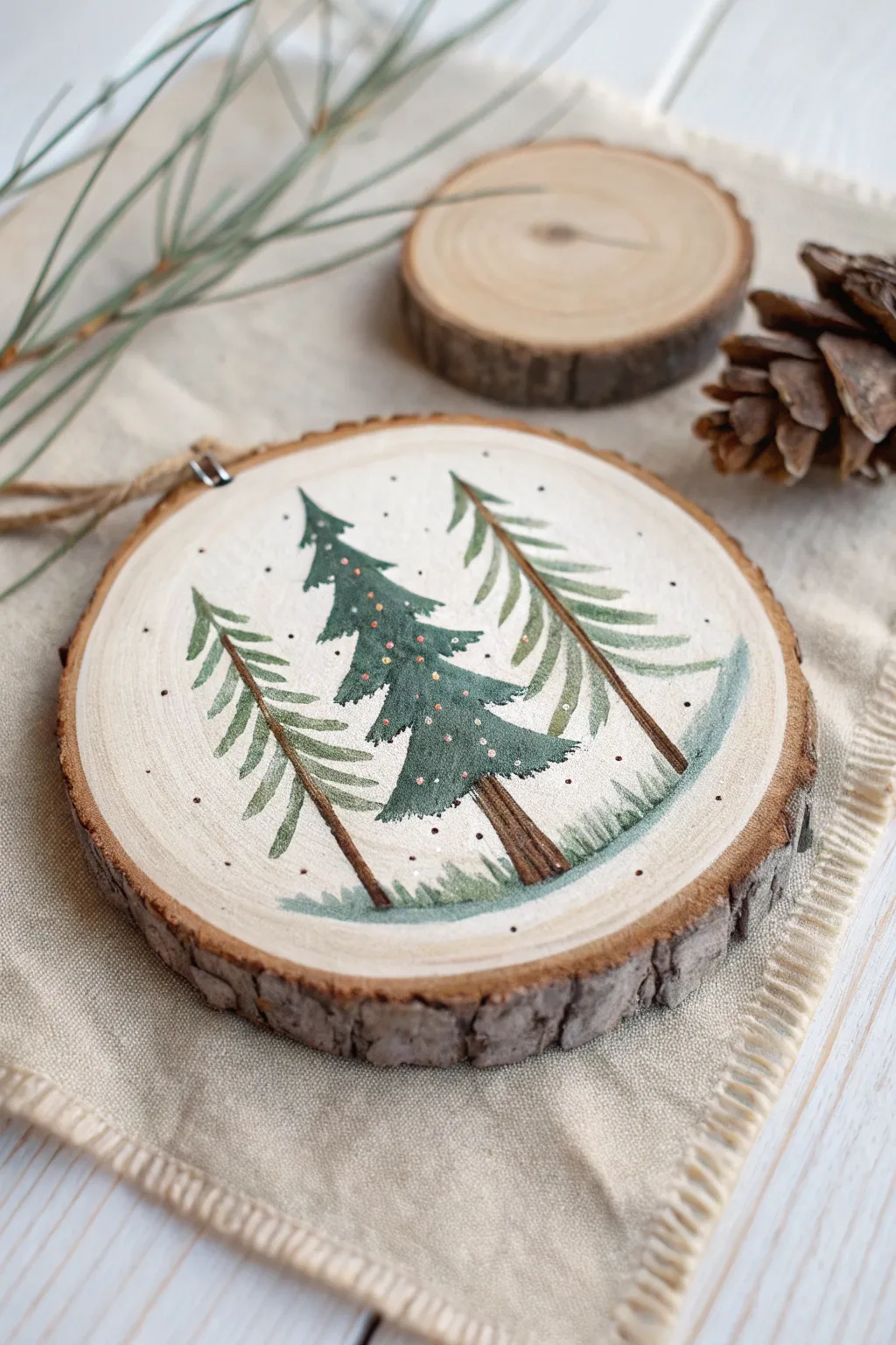 Minimalist acrylic evergreen trio on a wood slice ornament with soft snowy ground