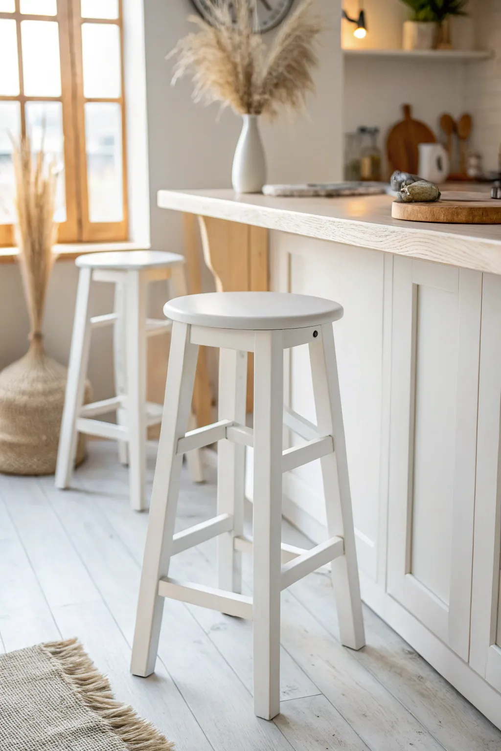 Bright white paint transforms a bar stool into an airy, minimalist statement piece.