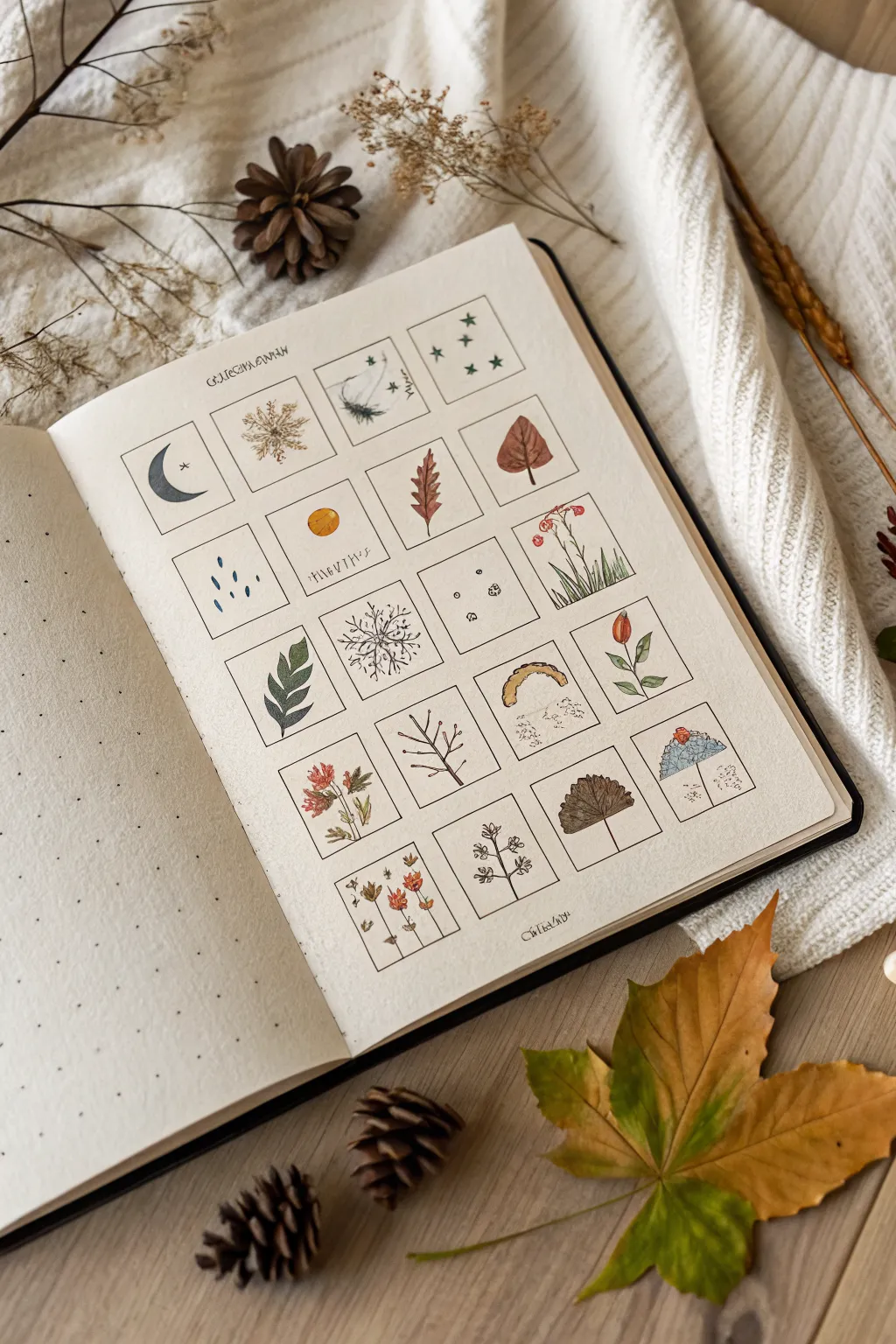 30-day nature grid: tiny seasonal motifs to paint each day in a calm minimalist sketchbook layout.