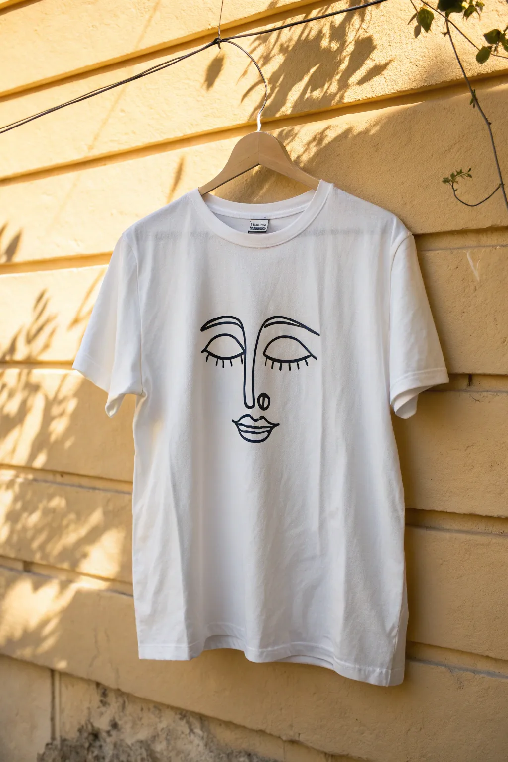 Minimal one-line art tee idea: bold black paint on crisp white cotton, clean and elegant