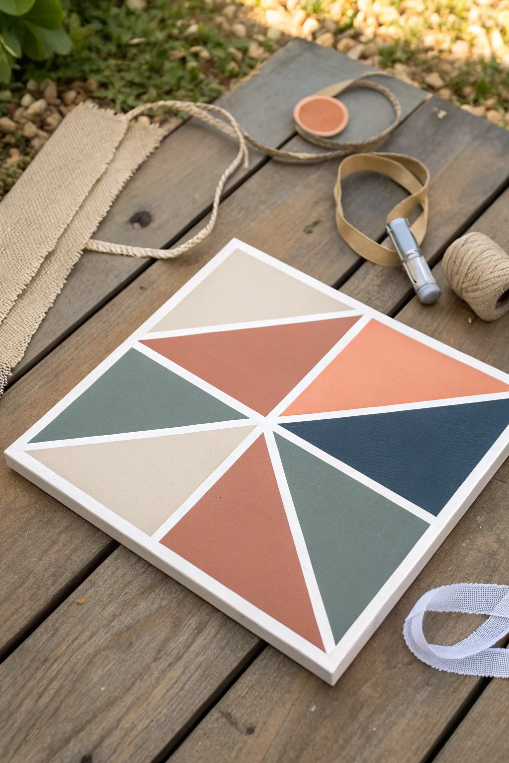 Satisfying tape-peel reveal of crisp white geometric panels and bold, earthy color blocks.