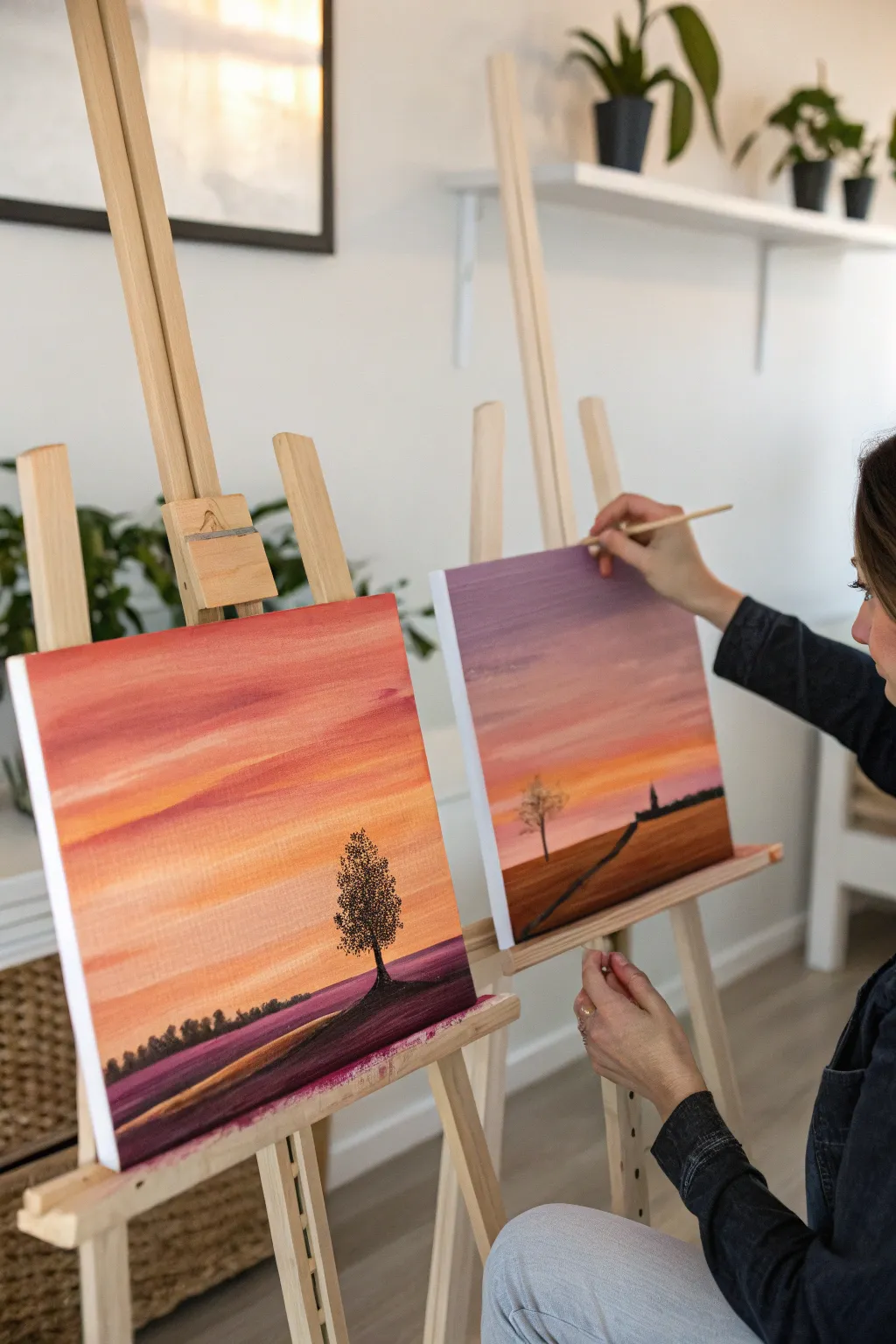 Side-by-side sunset landscapes in the same warm palette for an intimate, easy painting date
