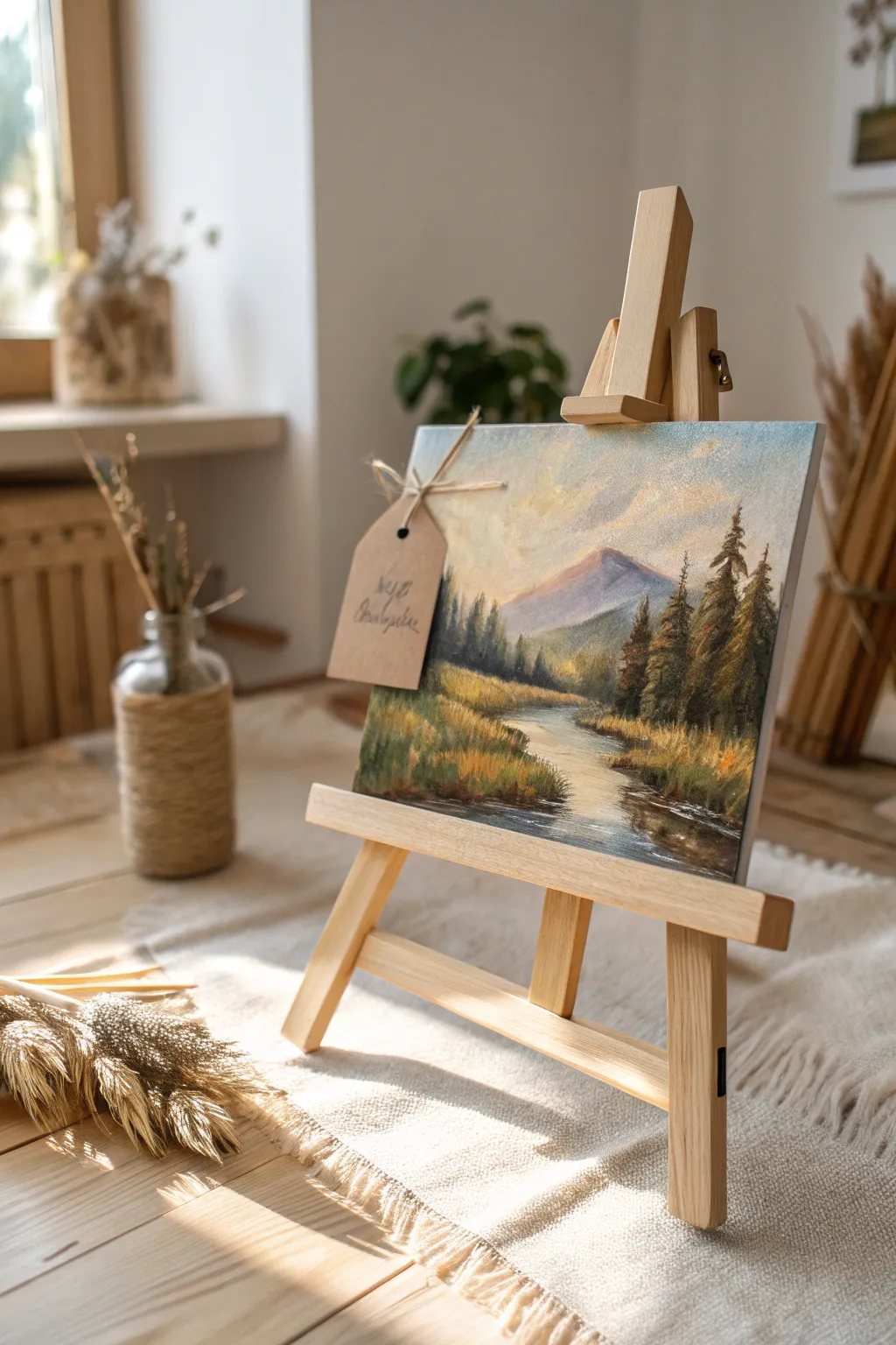 Acrylic landscape of your shared place, finished on canvas with a simple gift tag detail.