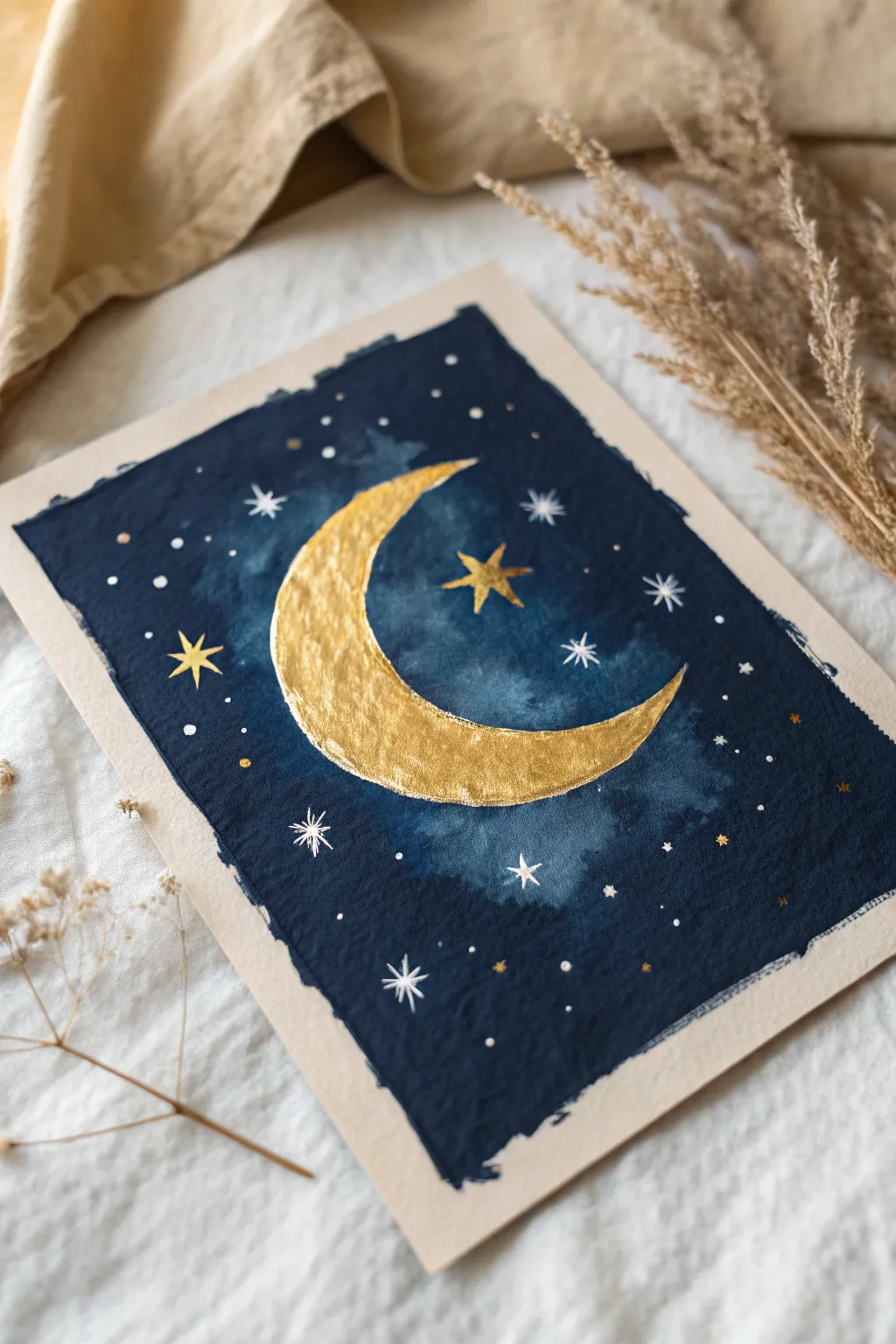 Capture the magic of the night sky with this dreamy glowing moon and stars painting idea.
