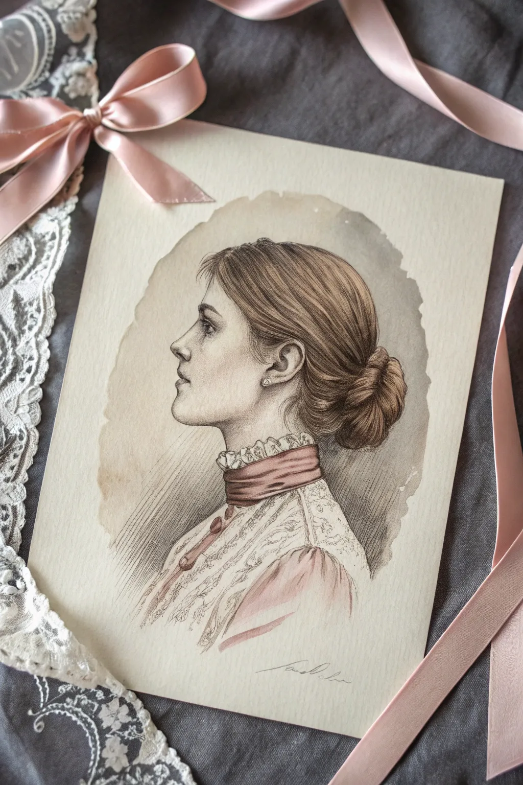 Victorian side-profile with a satin ribbon, smoky backdrop, and a soft vintage romantic mood