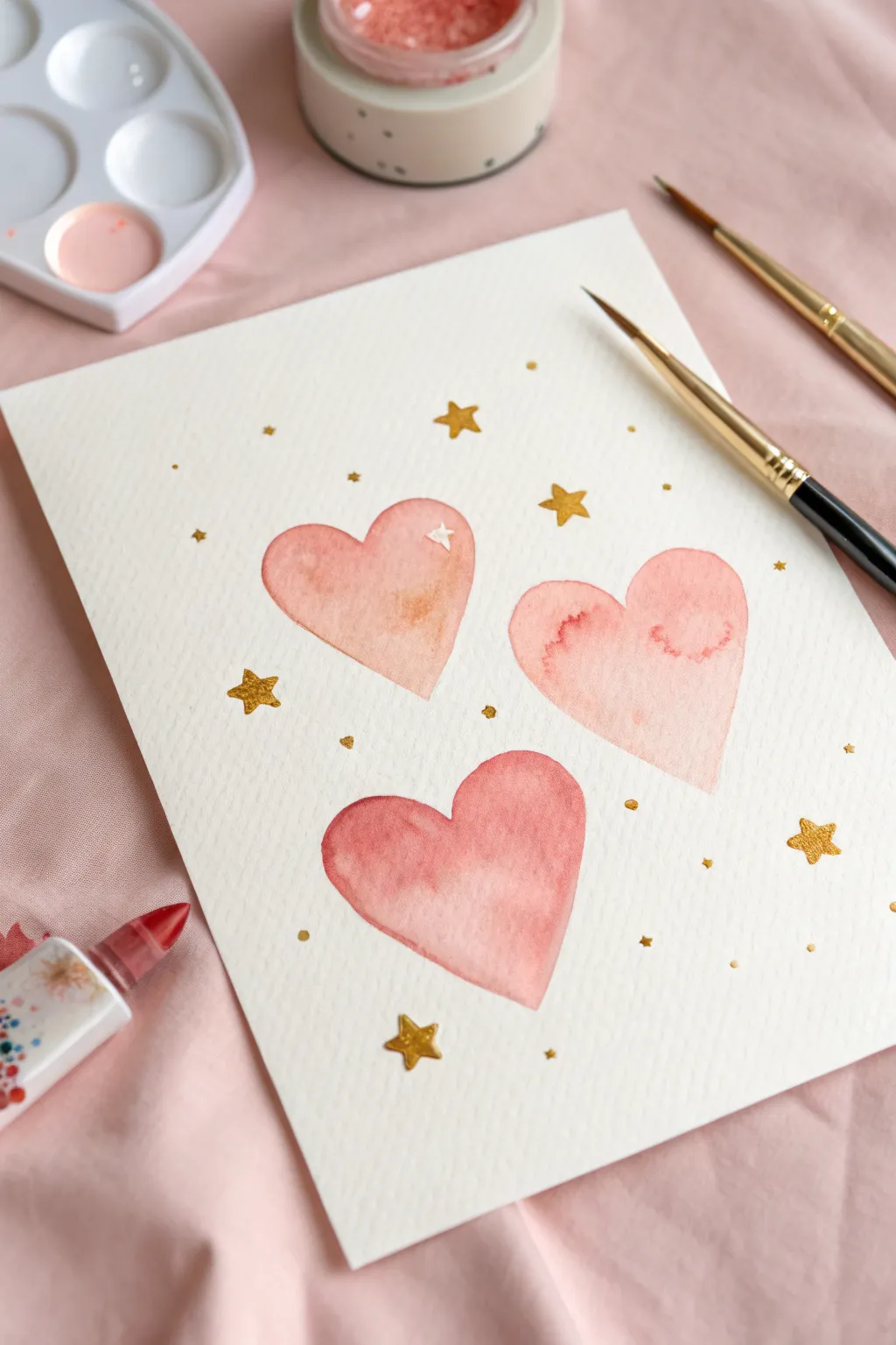 Puffy pastel hearts floating on a soft pink-to-peach gradient, with tiny starry details