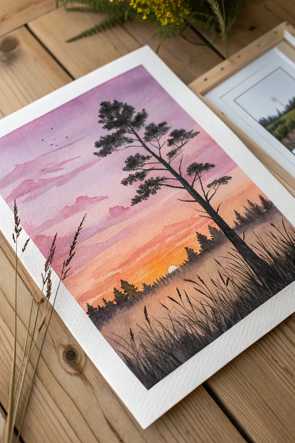 Minimal sunset gradient watercolor with a bold black silhouette foreground, calm and striking