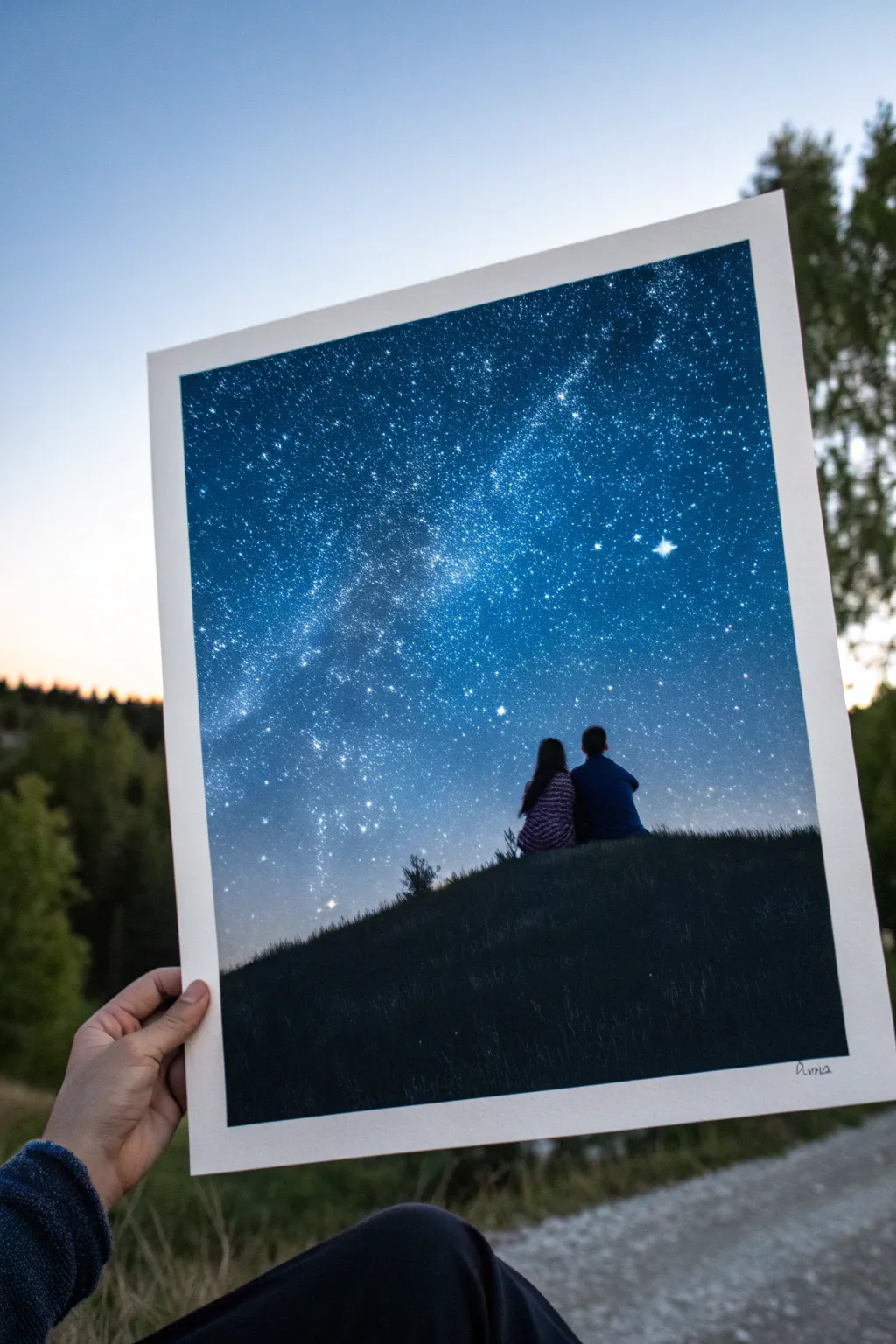 Minimal starry night silhouette scene with two bright stars, a romantic painting idea for your boyfriend