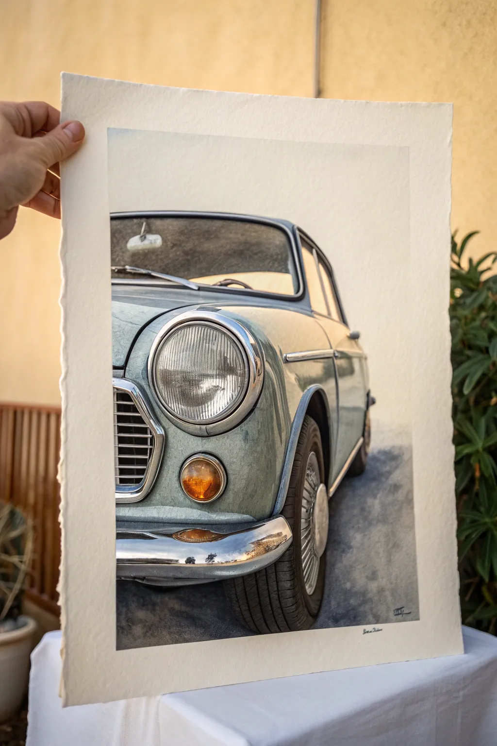 Sepia vintage headlight portrait: minimalist, handcrafted tones for classic masculine wall art