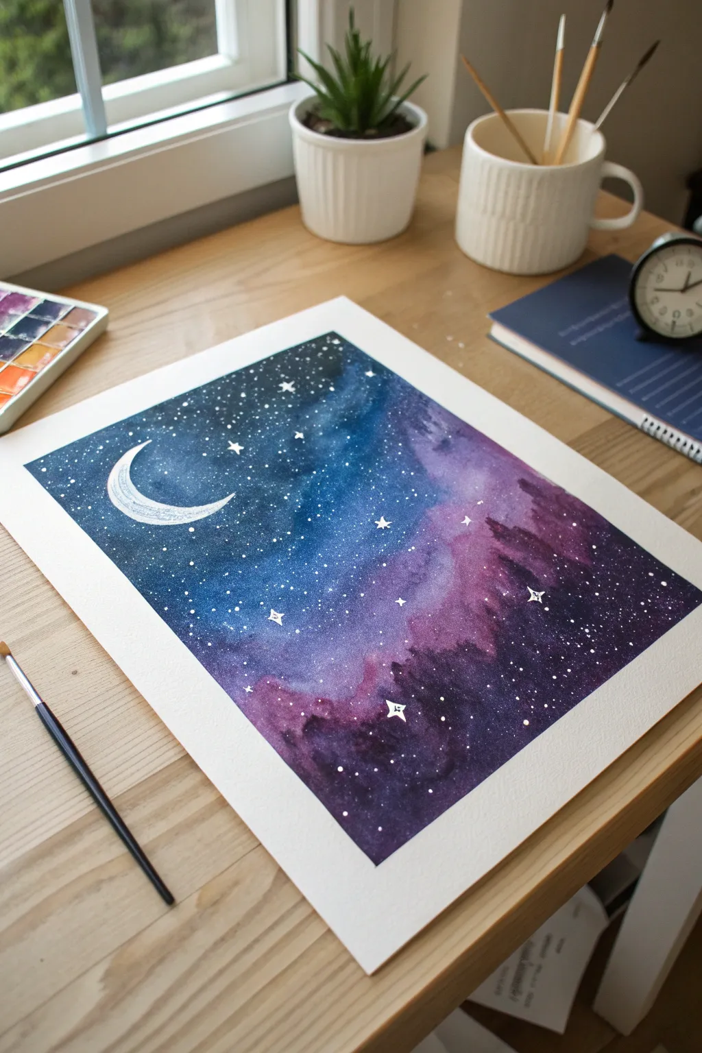 Moody galaxy night sky painting with splatter stars and a glowing moon in soft window light