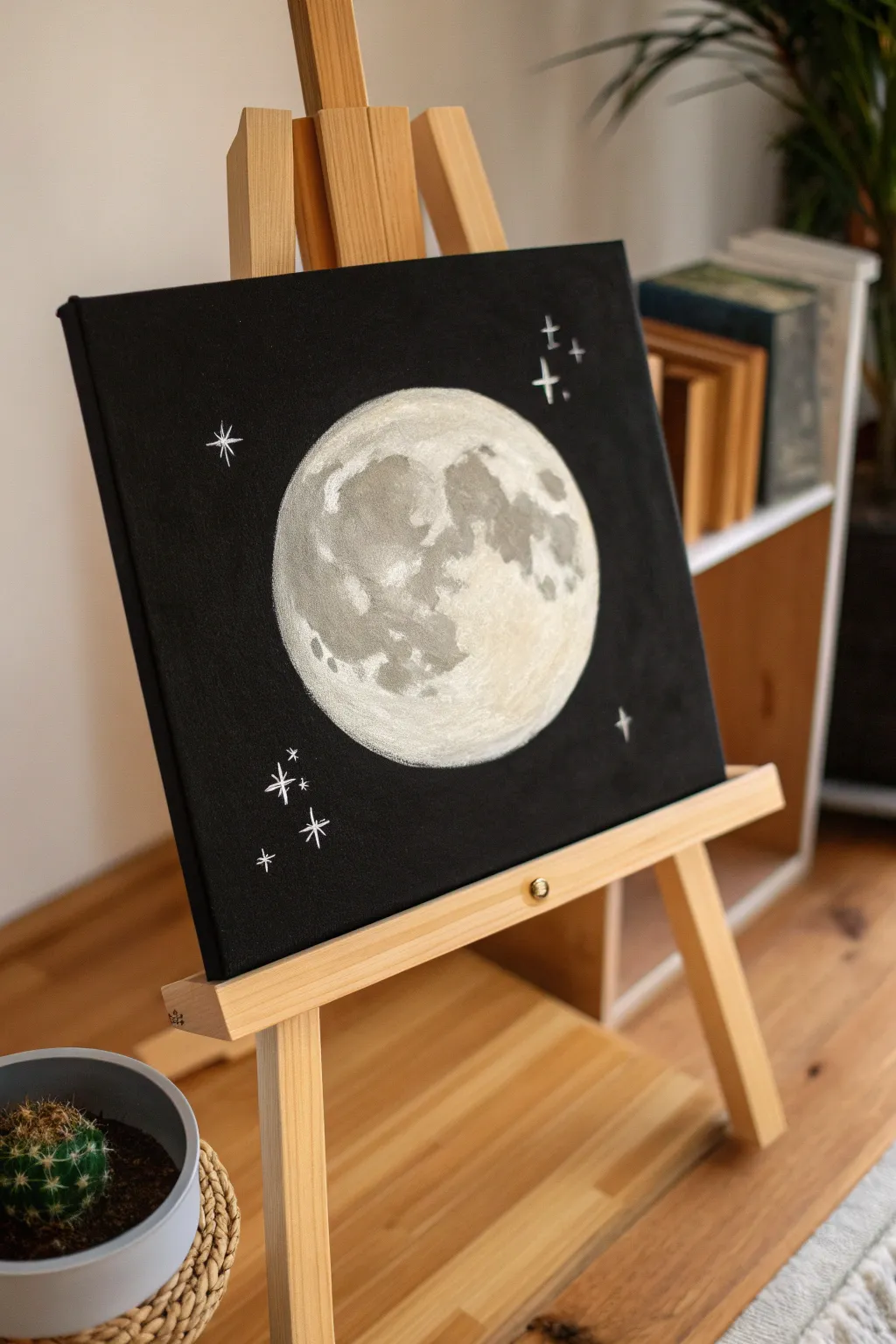 Easy black background moon painting idea: bold full moon, soft halo glow, and tiny stars
