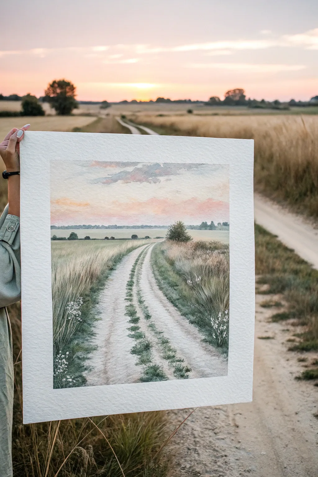 A minimalist winding path toward sunrise, a calm painting idea that symbolizes lifes journey.