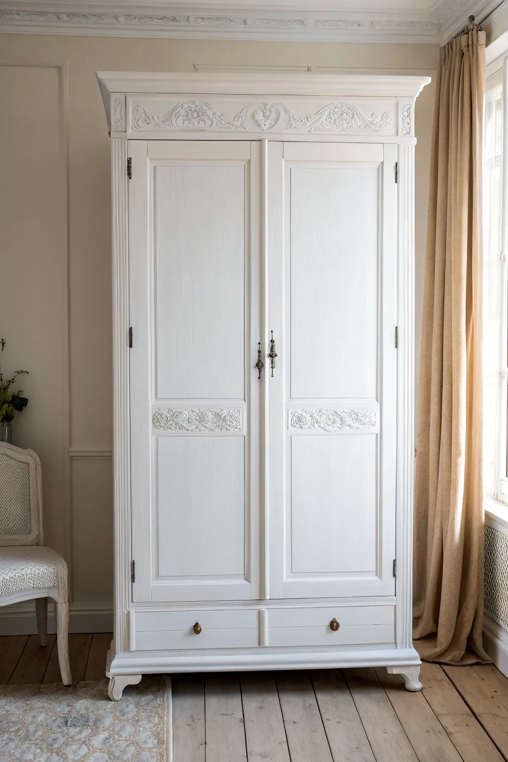 Crisp white wardrobe makeover with a subtle before-and-after inset for instant inspiration