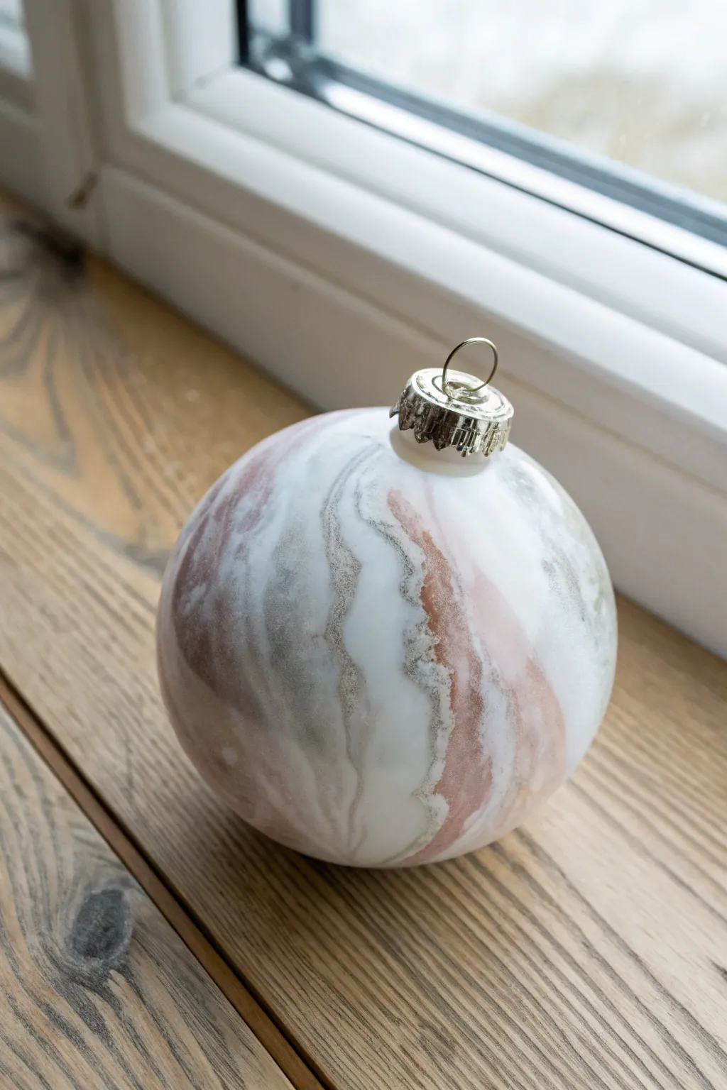 Soft marbled ornament in white and gray with a blush vein, perfect for calm holiday crafting.