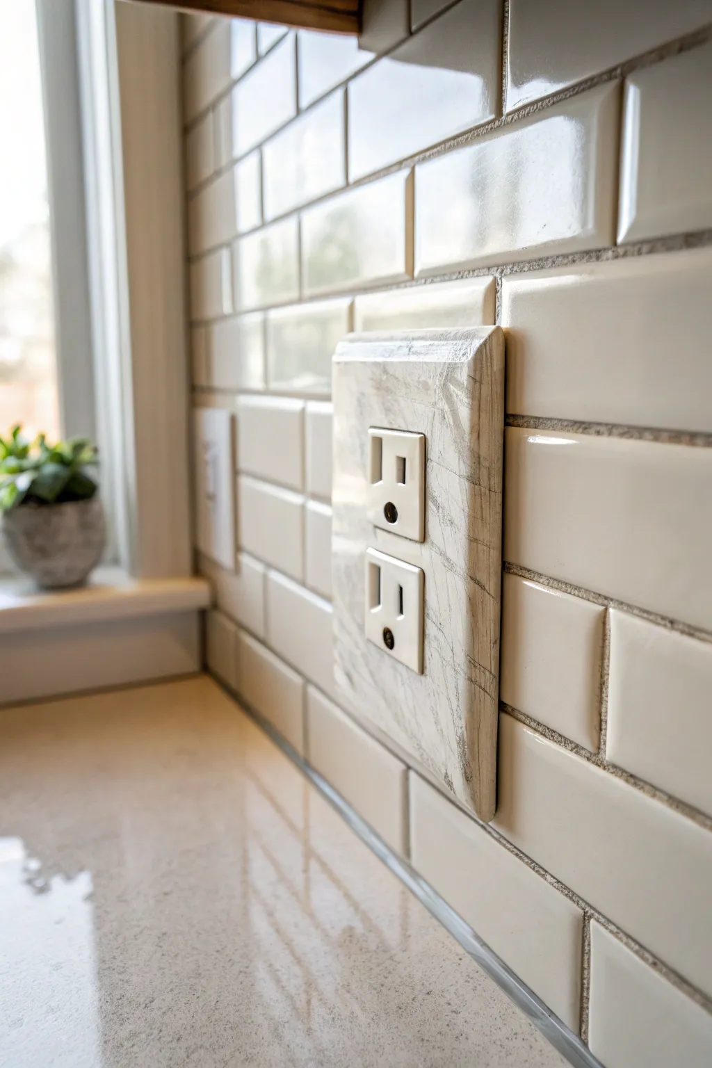 Tile-matching outlet cover idea with crisp grout-line alignment for a seamless backsplash look