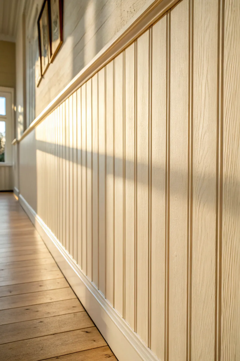 Soft warm white paneling with sunlit grooves, minimalist Scandi-boho texture and cozy glow.