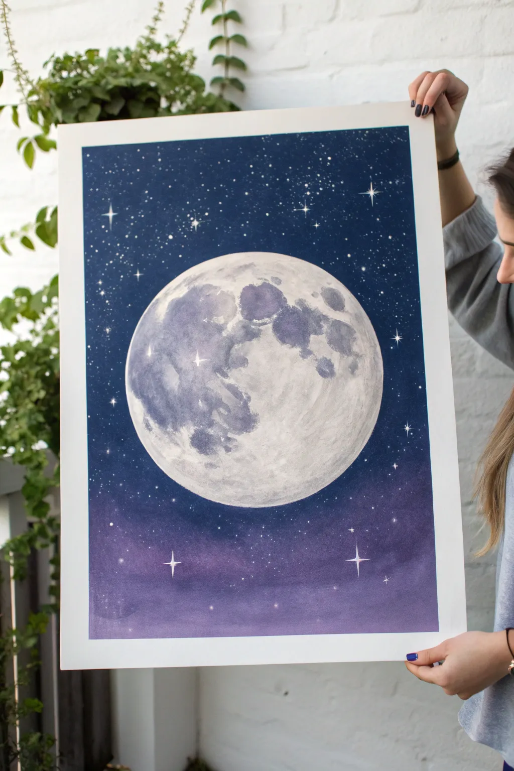 Oversized pale moon on an indigo-to-violet night sky, minimal stars and calm boho glow.