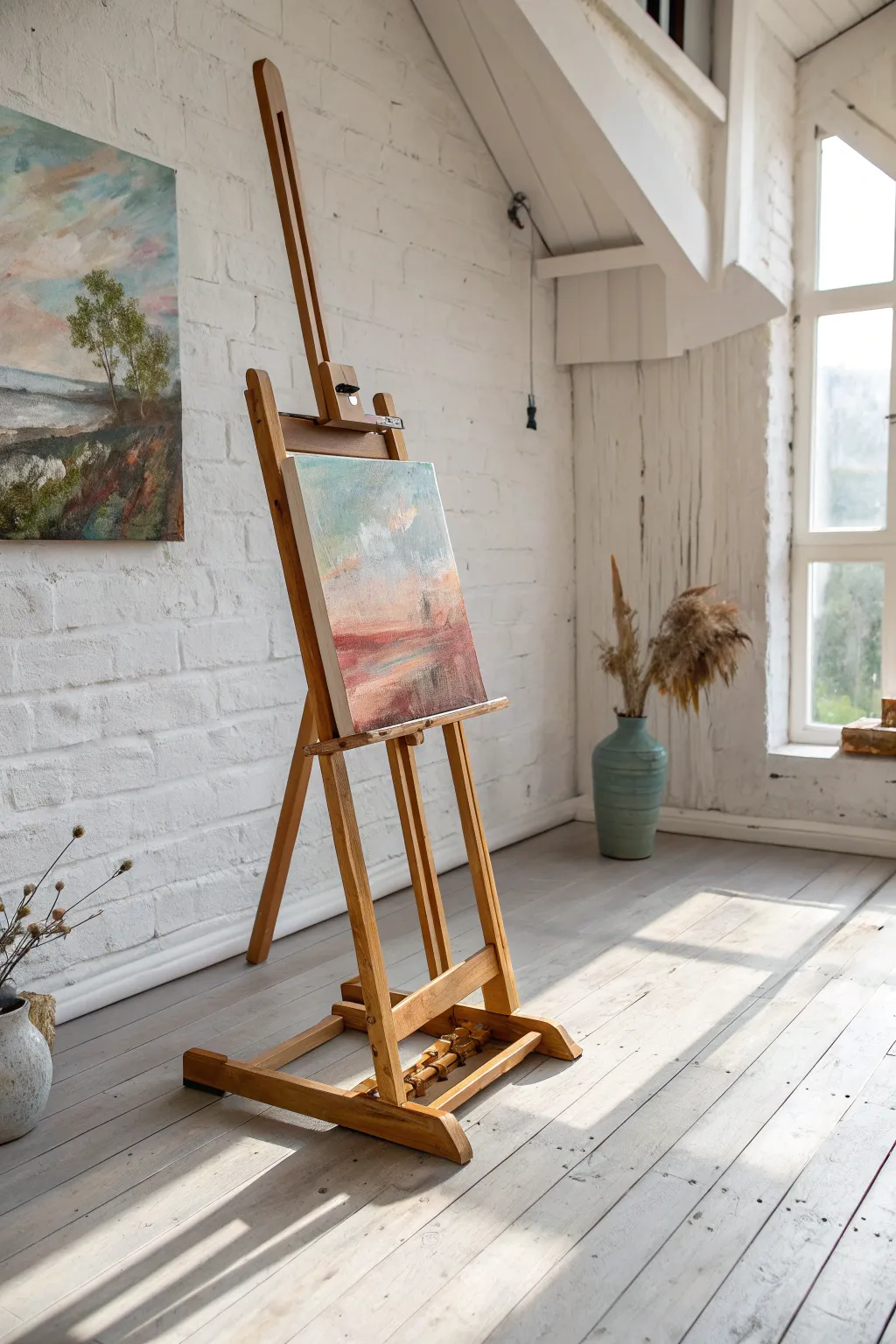Let a centered easel define your studio zone with calm light, space, and creative focus