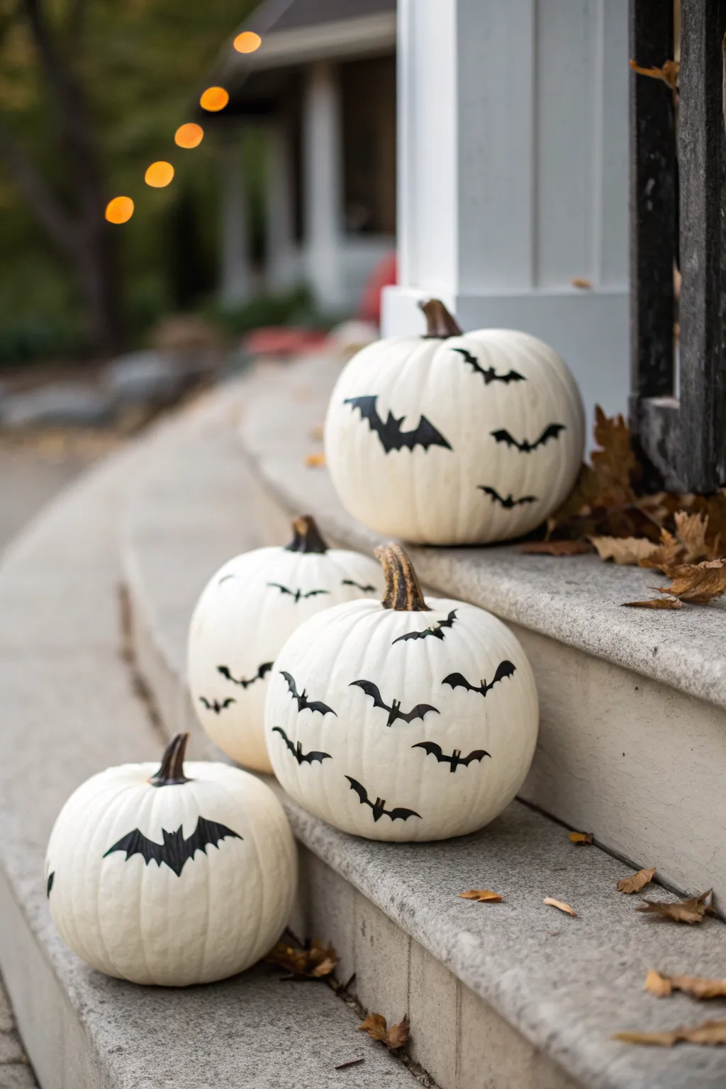 White pumpkins with matte black bat silhouettes for a minimal, moody Halloween porch look