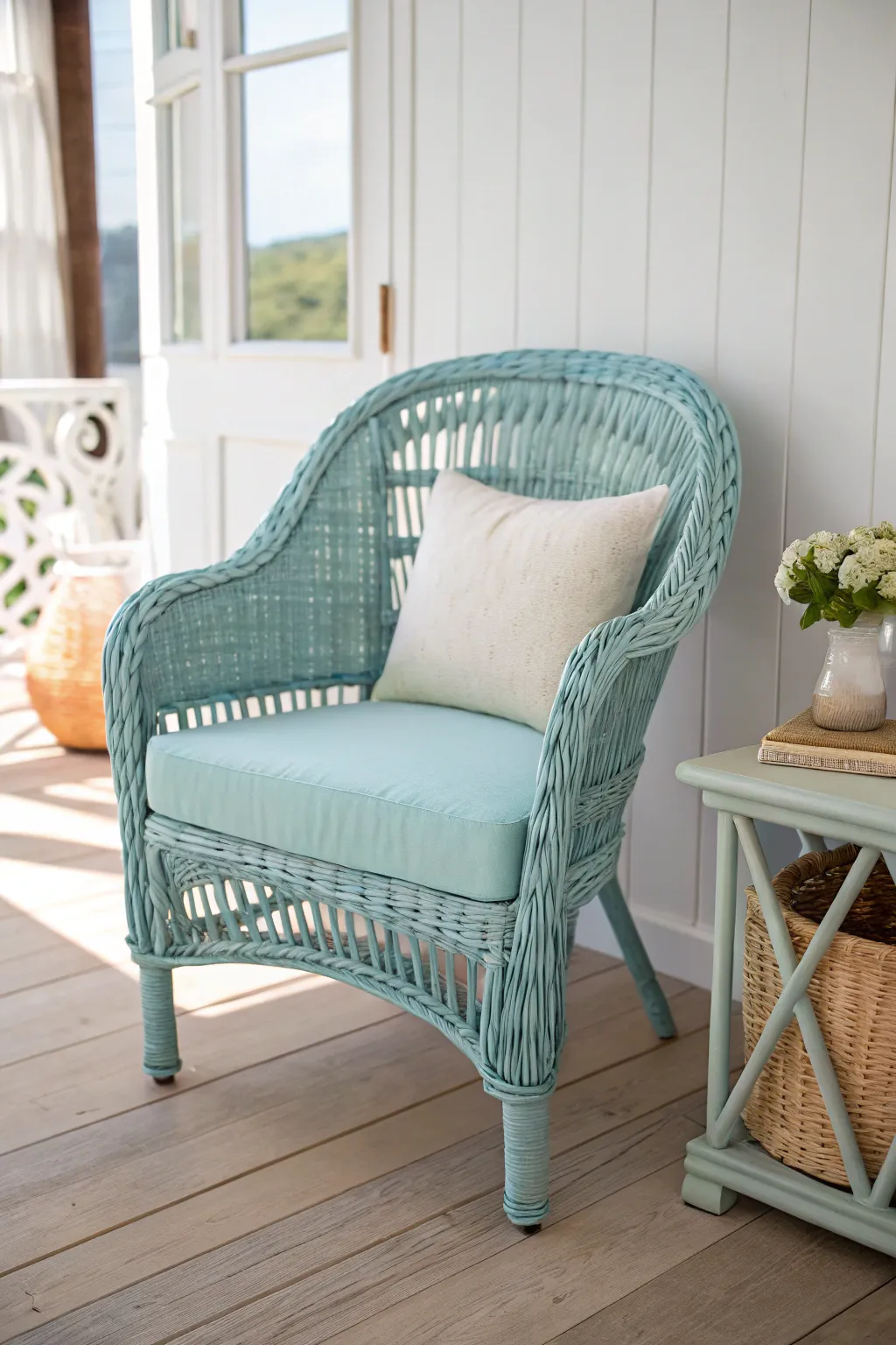 Soft coastal pastels: sea-glass blue painted wicker chair with neutral linens and airy light