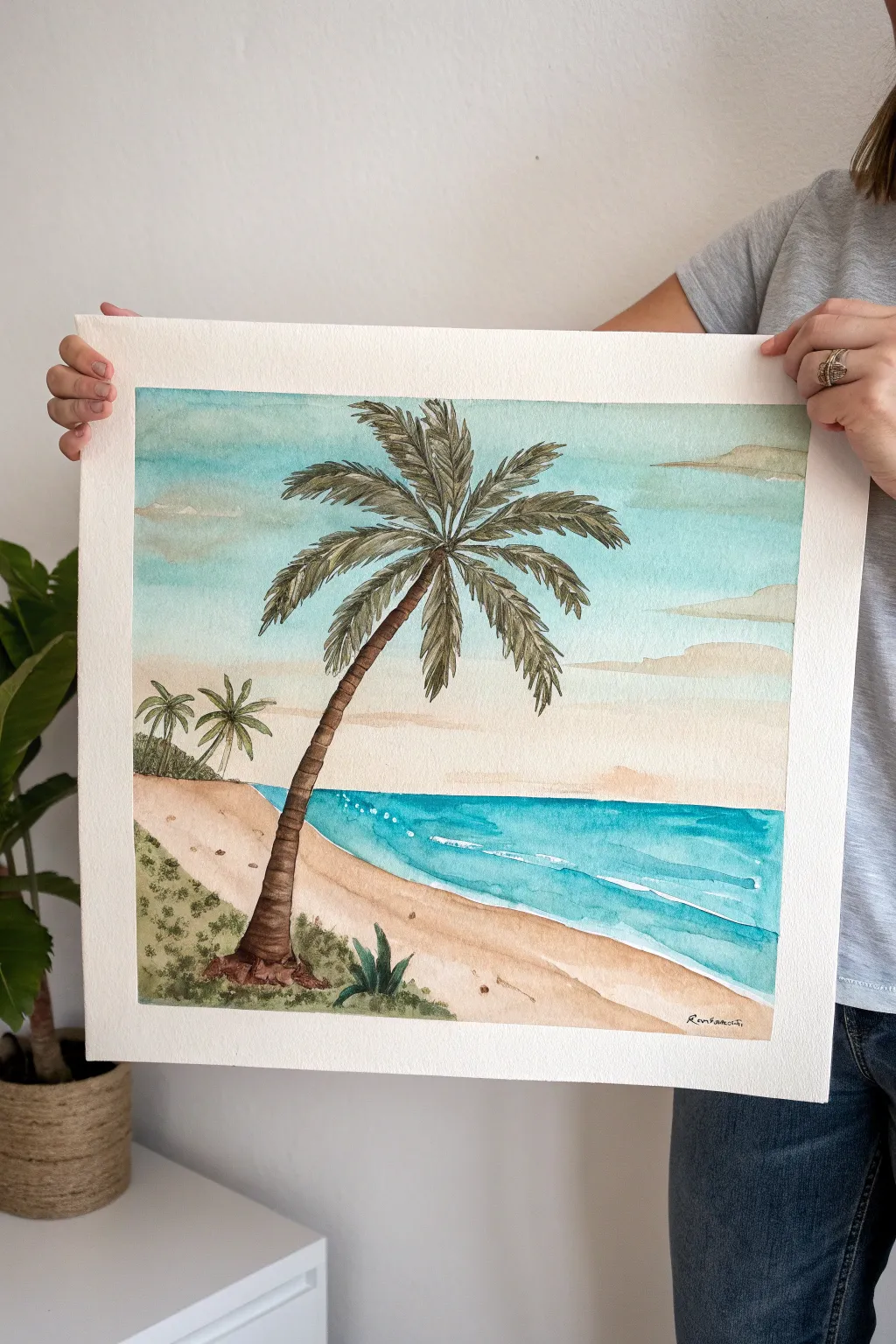 Classic beach bands with one leaning palm, minimalist, calming, and beginner friendly.