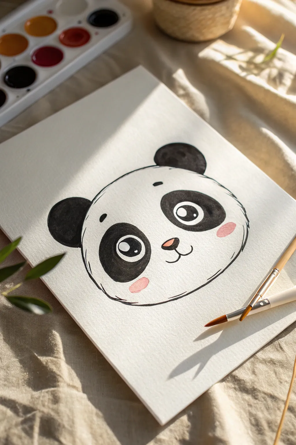 Big-eyed chibi panda portrait with softly blended acrylic cheeks, minimalist Scandinavian-boho feel