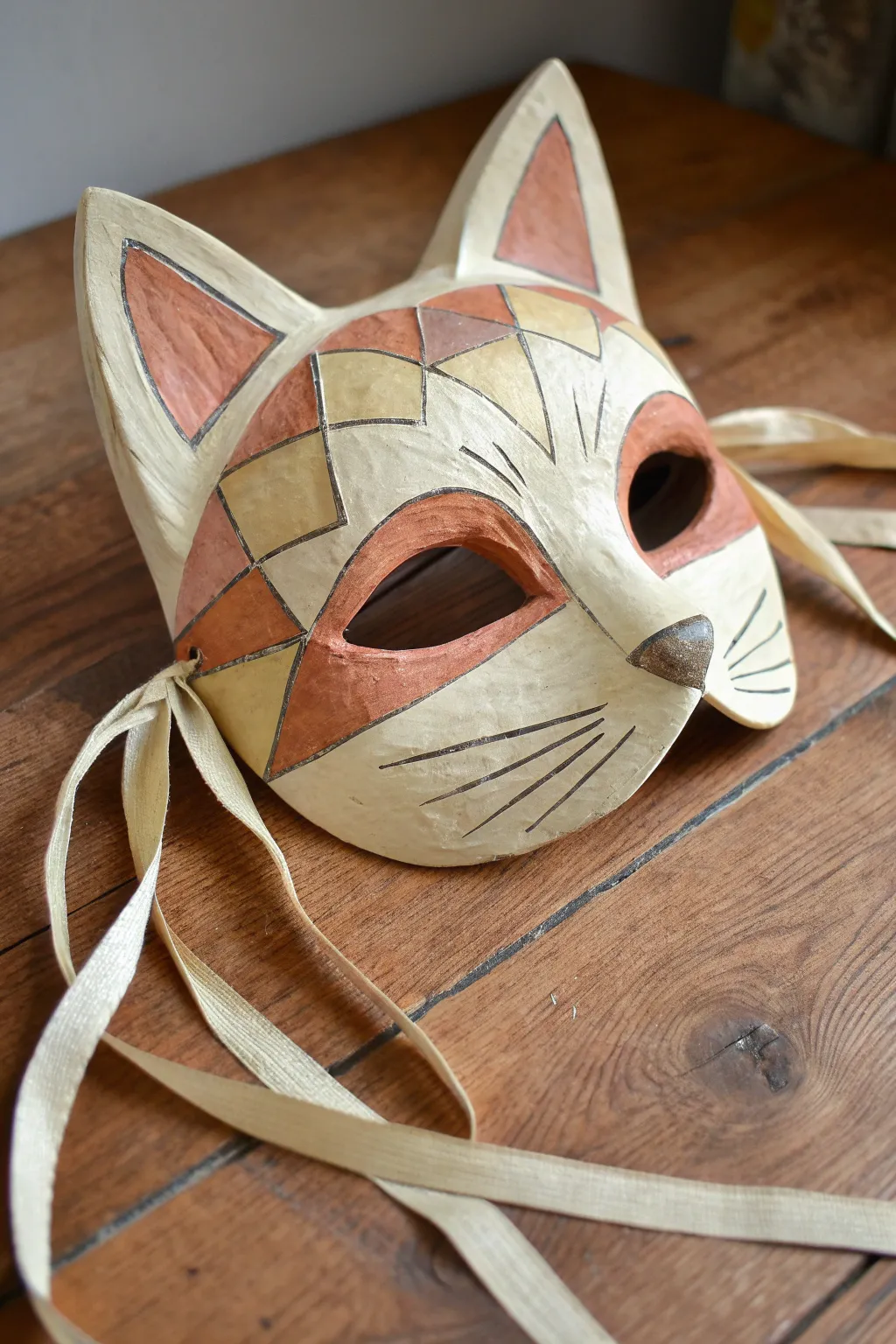 Minimal paper mache cat mask with pointy ears, soft color blocks, and ribbon ties.
