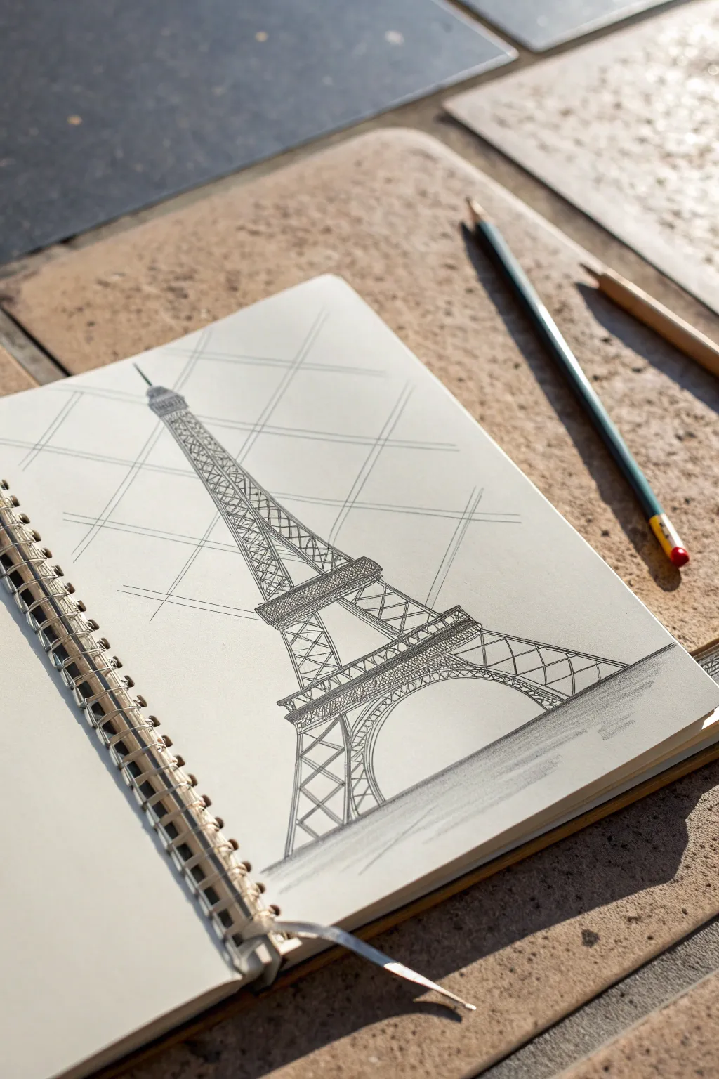 Simplified Eiffel Tower lattice study with gentle shading and faint construction lines for easy practice