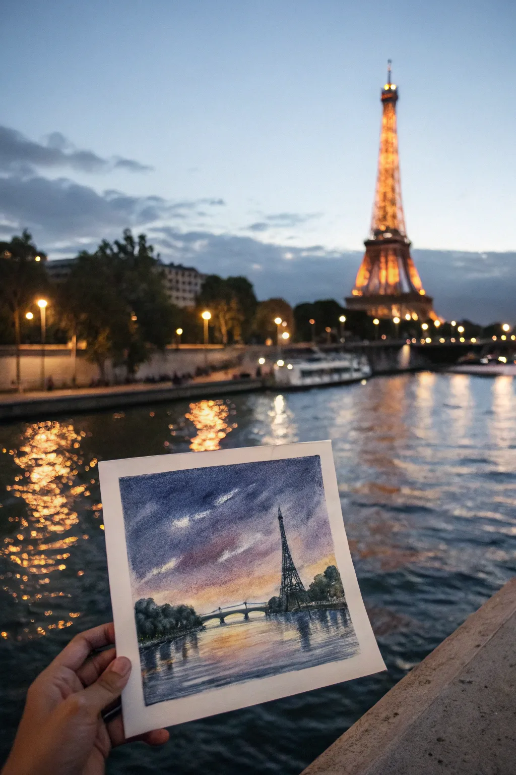 Paint the Seine at night with loose strokes and glowing Eiffel Tower reflections in the water.