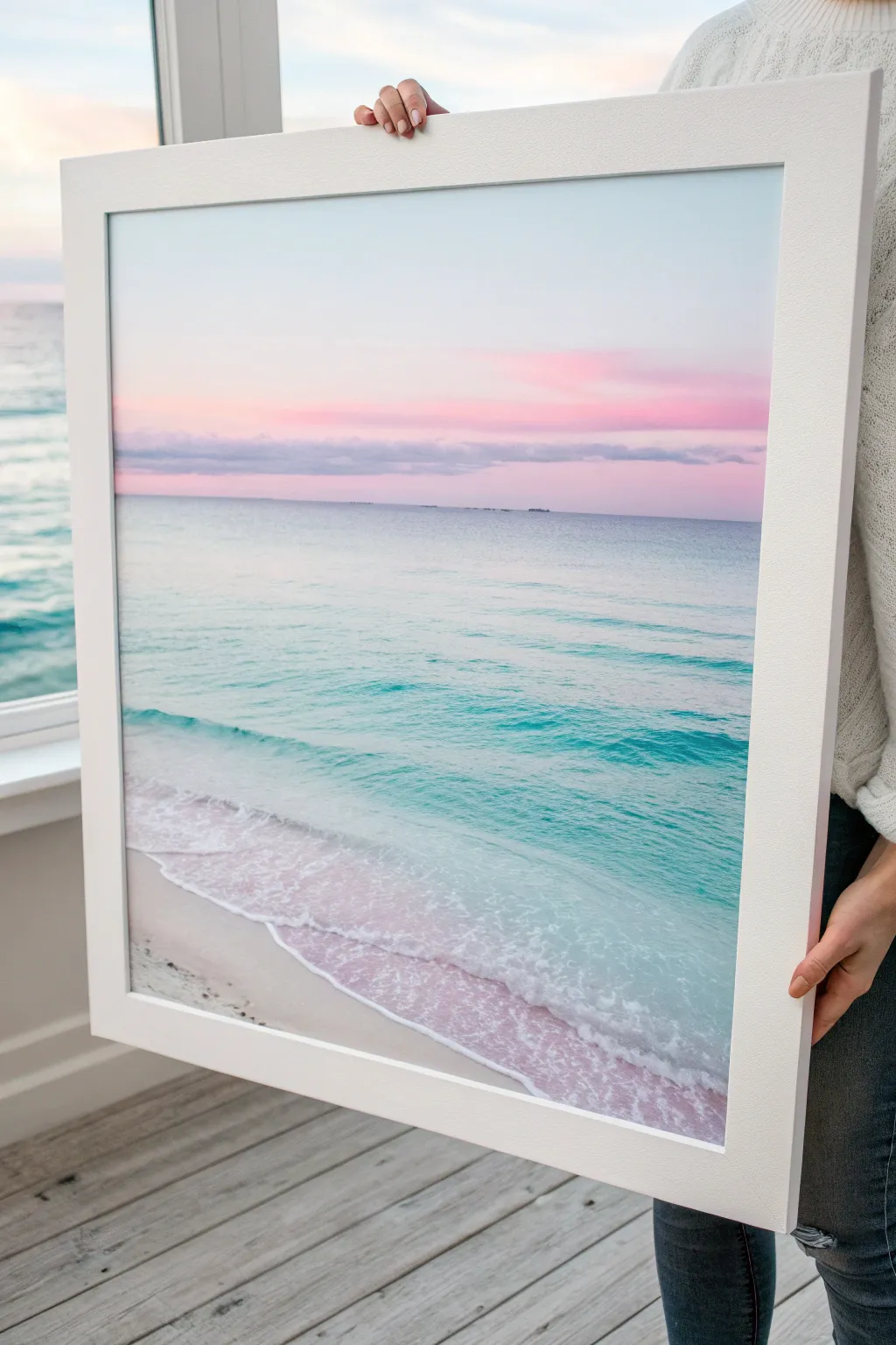 Cotton-candy horizon watercolor: pink-to-blue sky, soft sea blends, minimal and dreamy.