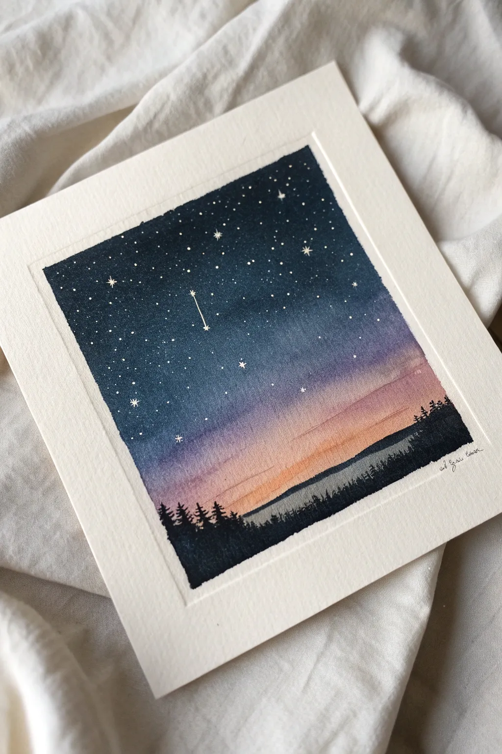 Pastel night sky idea with deep indigo blending, soft horizon glow, and delicate star speckles