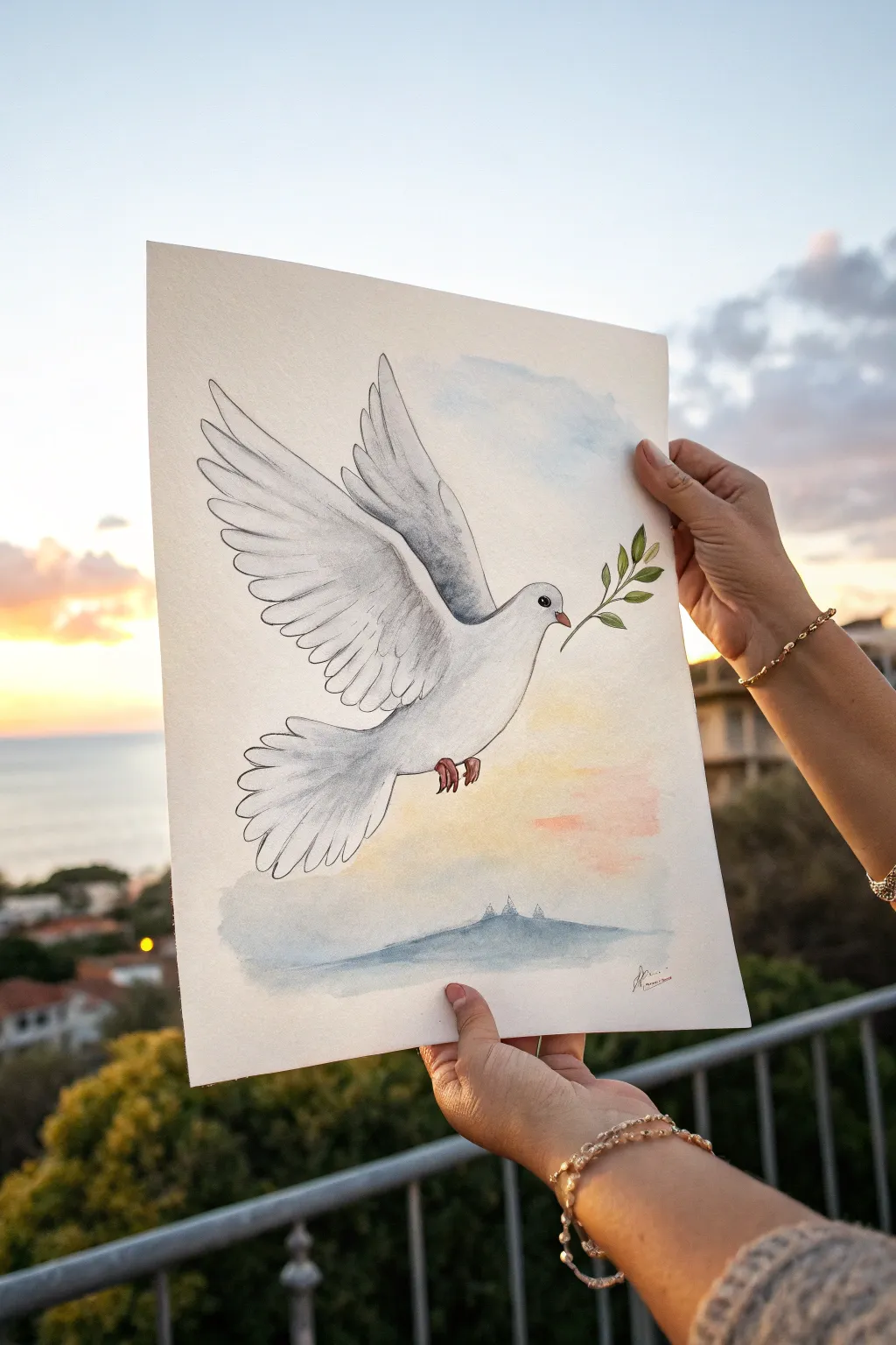 Paint a serene dove with olive branch in soft sky wash for calm, minimalist peace art.
