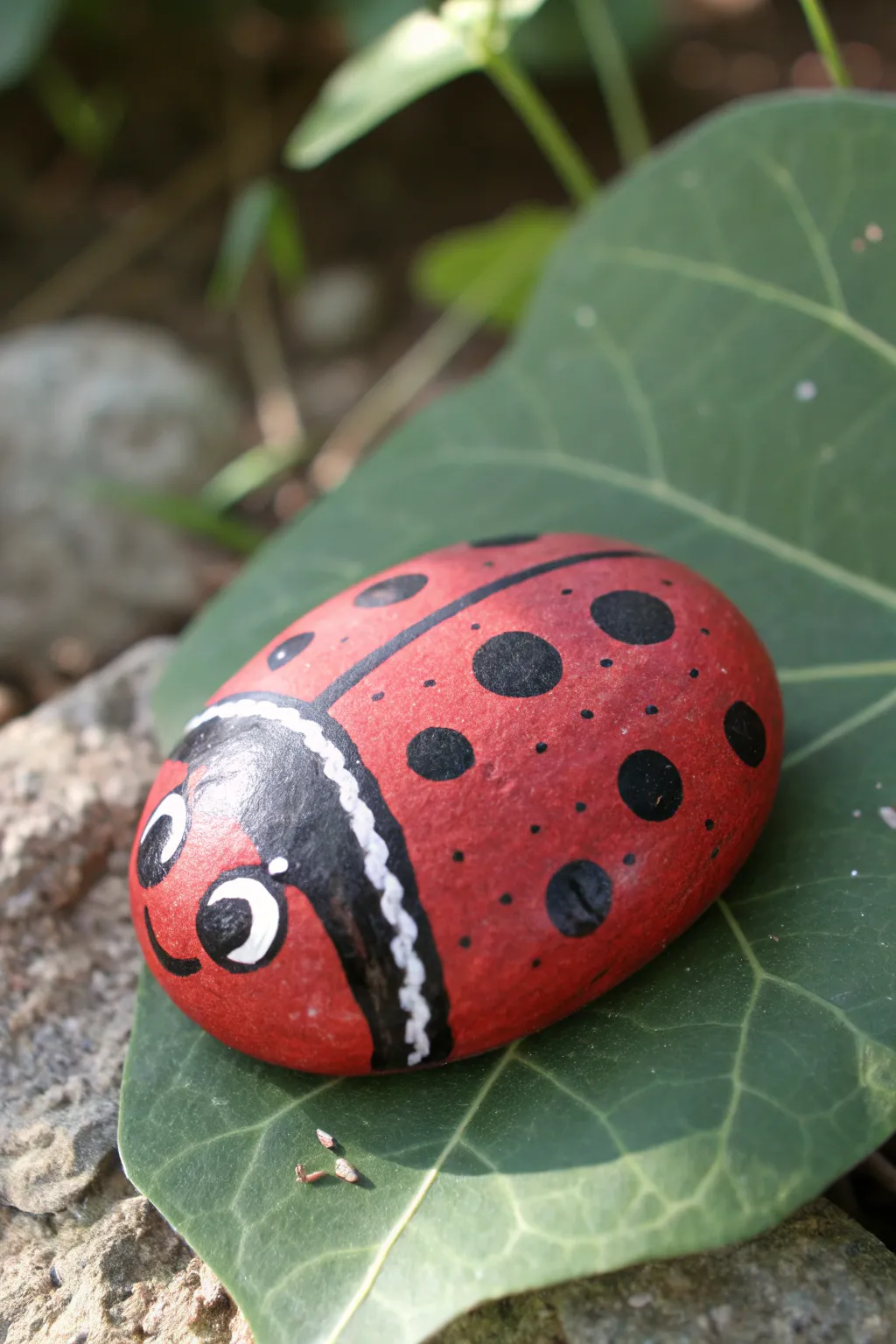 Classic ladybug pebble rock with crisp black dots and a simple face, crawling over a green leaf